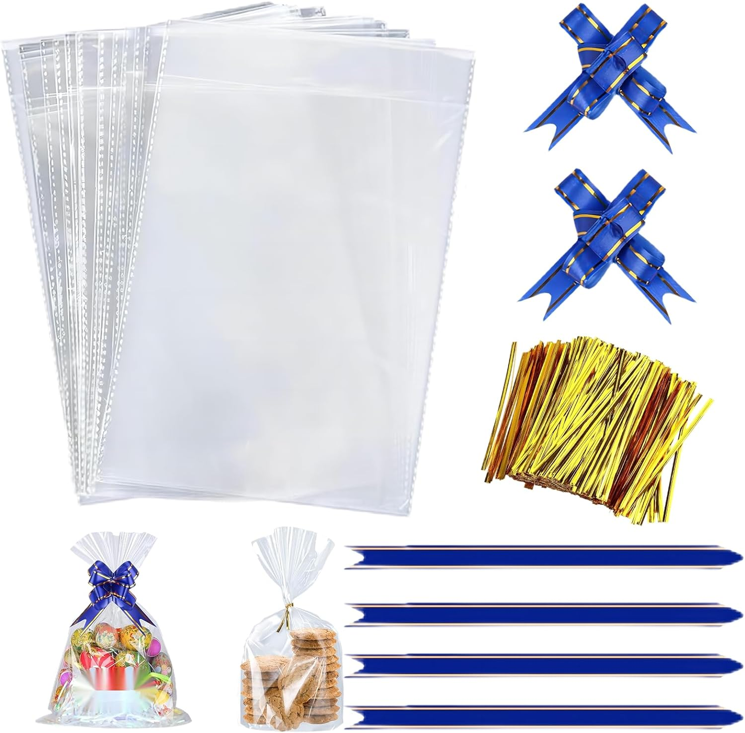 MAIHUO 100 Pack Cellophane Bags Large,With 100 Pcs Blue Pull Bows Ties and 100 Pcs 8Cm Gold Twist Ties,Cellophane Bags (18X28Cm) image number 3