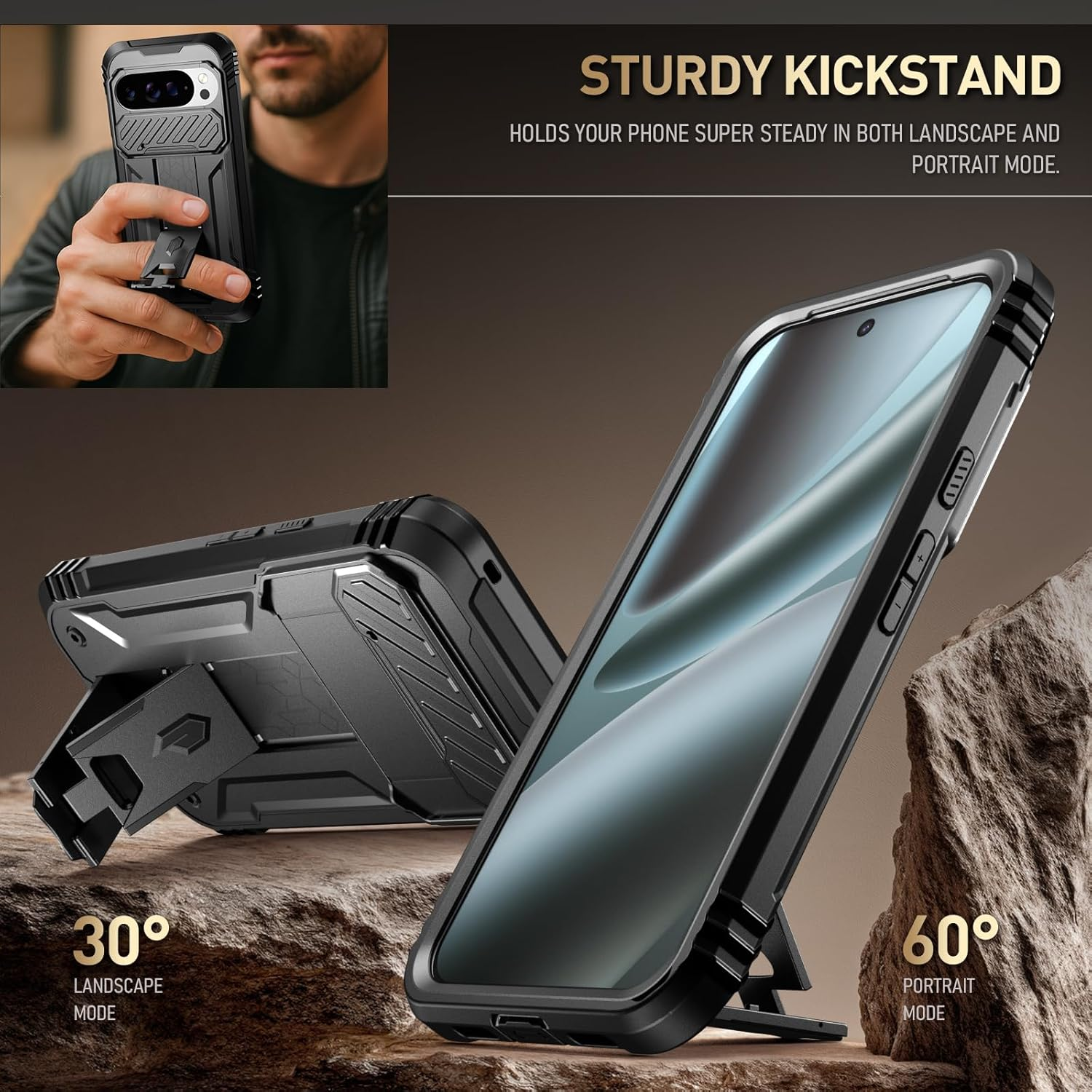 Poetic Revolution Case for Google Pixel 10 Pro XL 5G, [Slide Camera Cover], Built-In Screen Protector [Work with Fingerprint ID], [2 Front Frame] Full Body Rugged Shockproof Case with Kickstand, Black image number 3