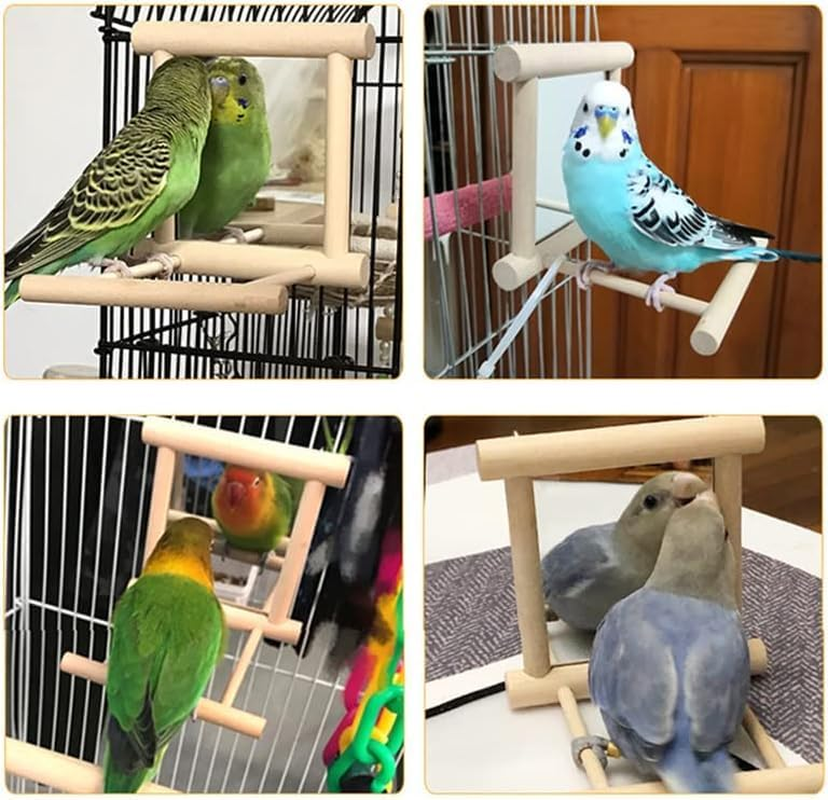 Bird Mirror for Parrots, Bird Stand, Perch with Mirror, Wooden Mirror with Landing Area, Bird Toy for African Greys, Macaw, Parakeets, Cockatiels Toy Birds image number 4