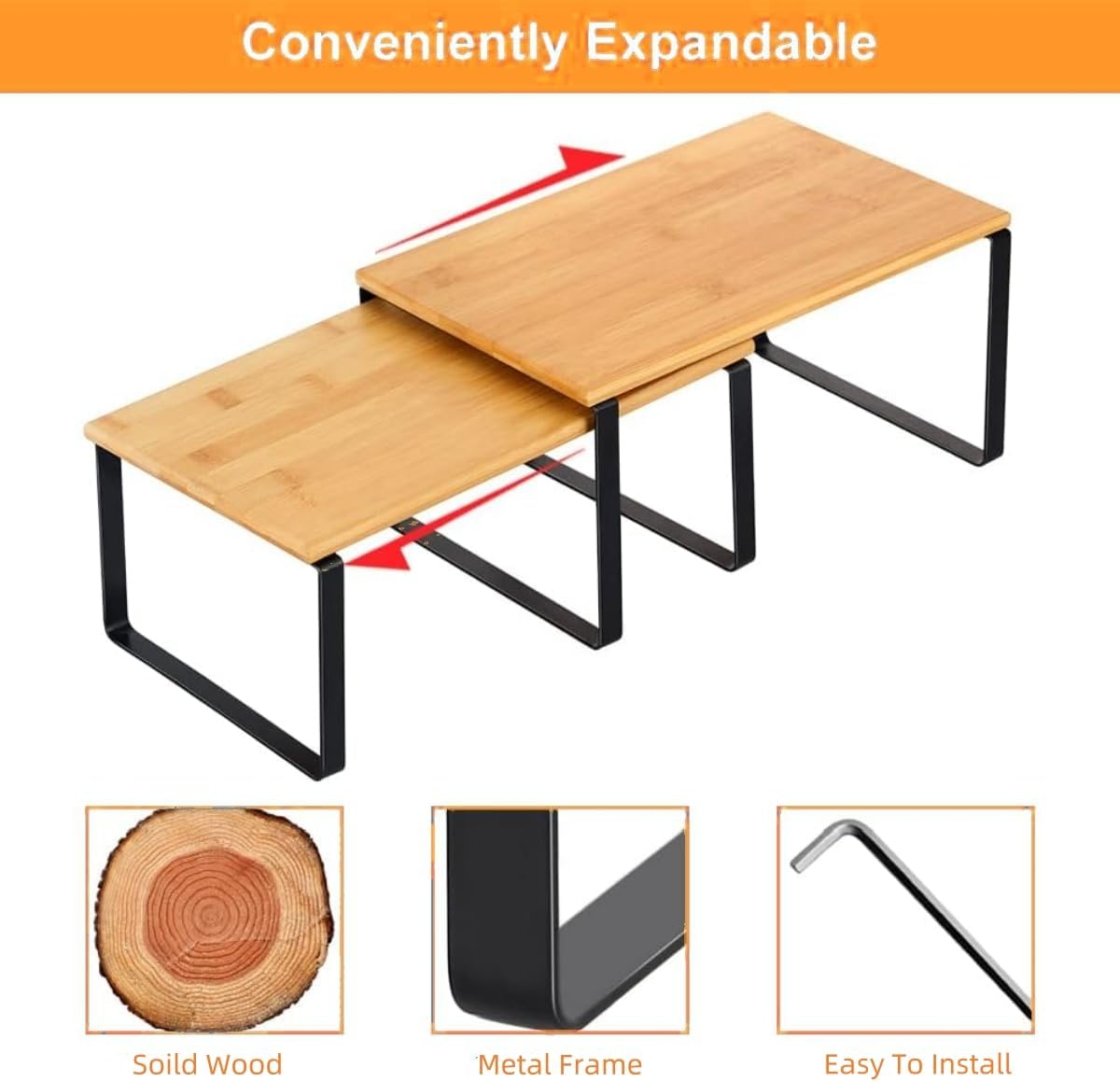 9SHOME 4Pack Expandable Cabinet Shelf Organiser, Stackable Kitchen Counter Shelves Organiser, Wooden Cupboard Stand Spice Rack, Pantry Shelves Cabinet Insert for Kitchen Bathroom image number 2