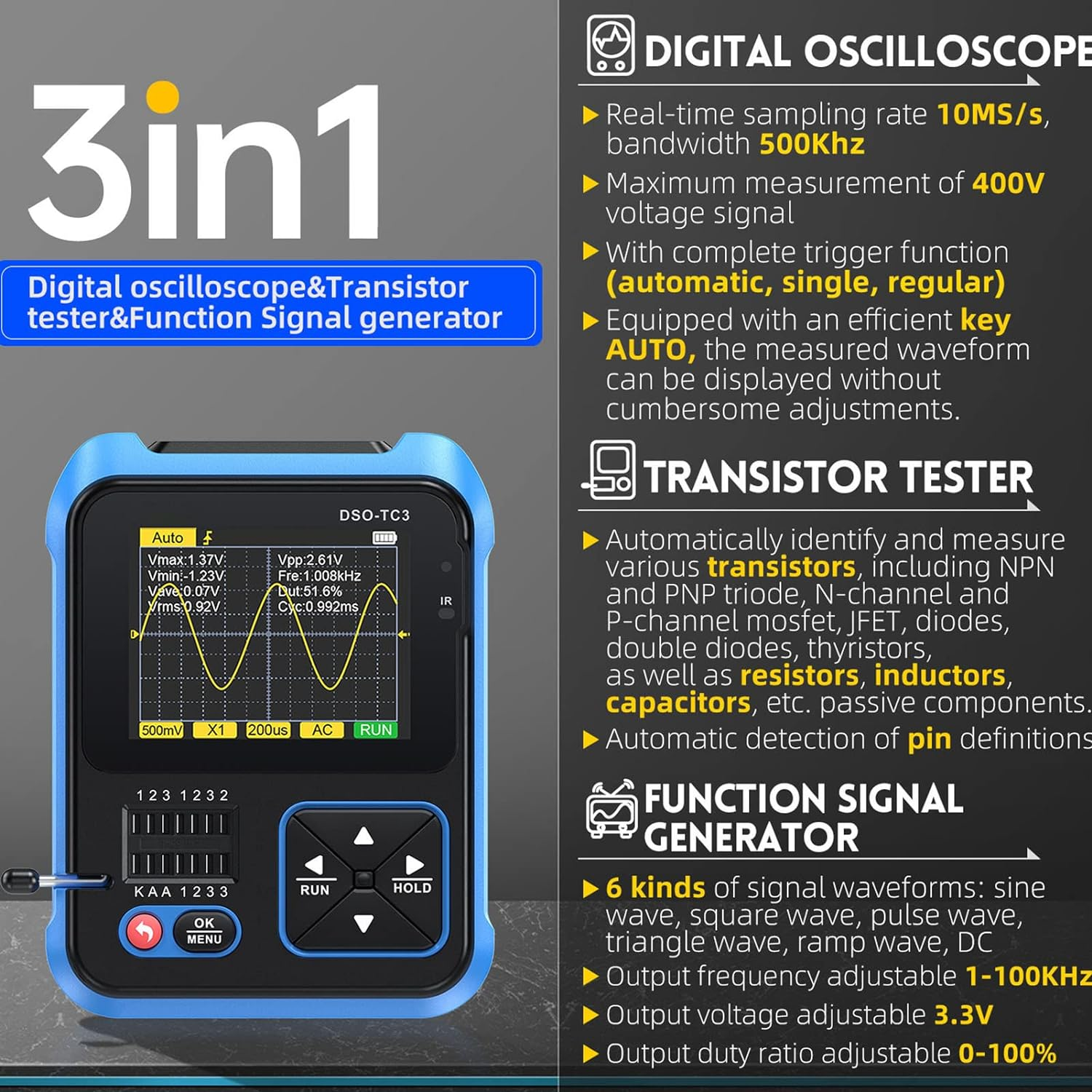 Handheld Digital Oscilloscope, 3 in 1 Handheld Oscilloscope Multimeter with 500Khz Bandwidth, 10Msa/S Sampling Rate, 2.4Inch TFT LED Screen Portable Digital Oscilloscope Kit (High Configuration) image number 4