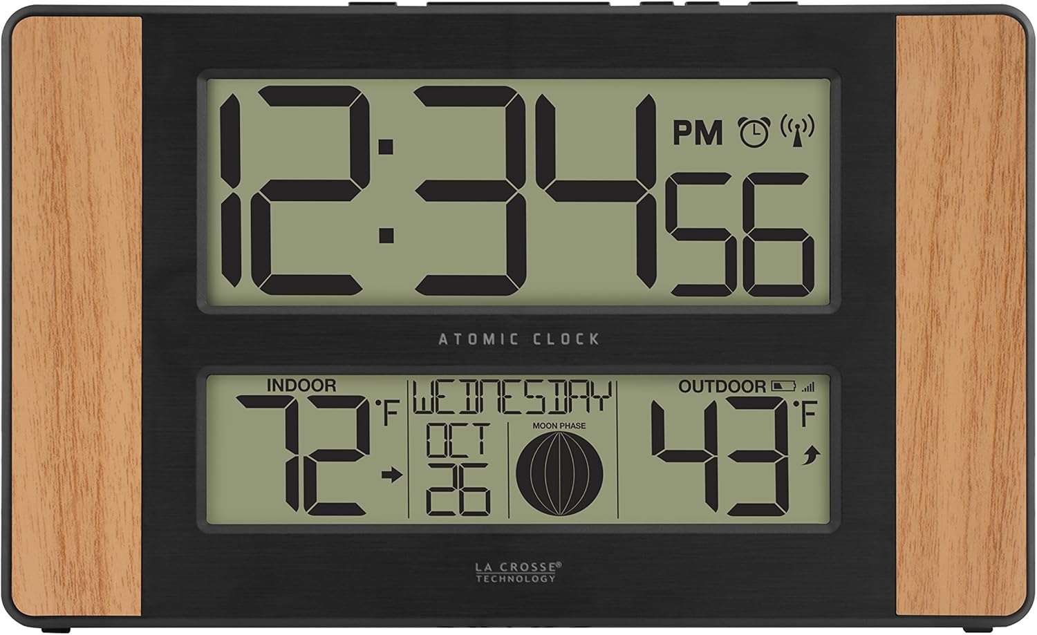 La Crosse Technology Atomic Digital Clock with Outdoor Temperature, Wood Oak, 0 image number 2