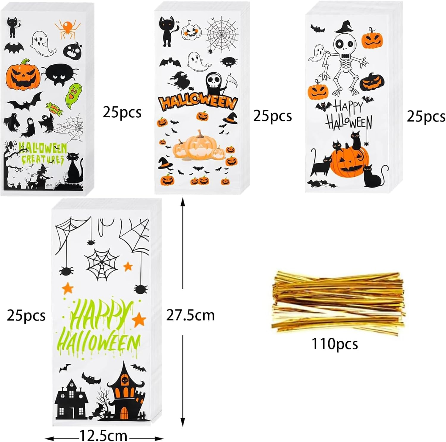 Halloween Cellophane Treat Bags, 100Pcs Halloween Plastic Clear Candy Bags with 100Pcs Twists for Snacks Cookies Packing image number 1