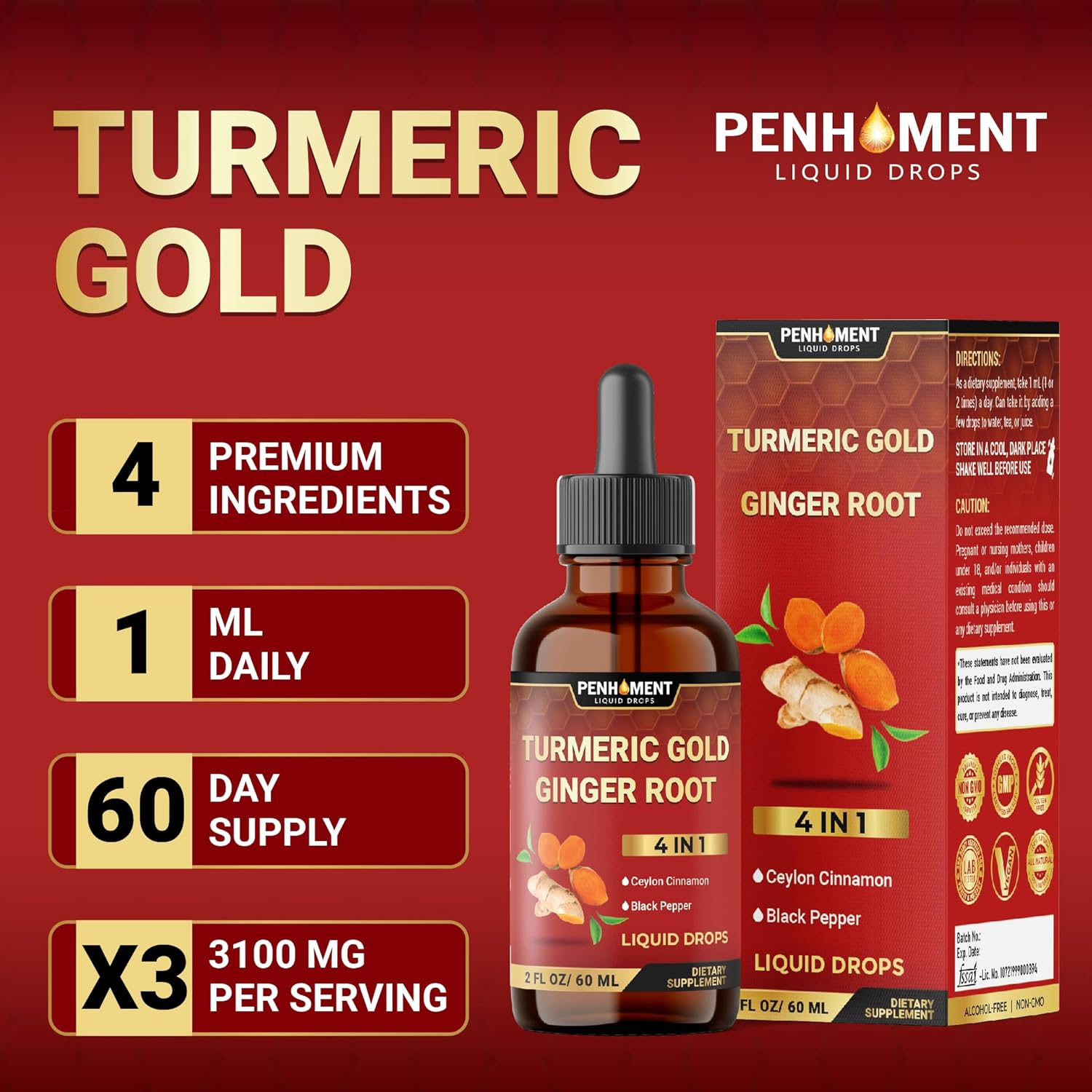 PENHOMENT 4 in 1 Liquid Turmeric Curcumin Drops Ginger Ceylon Cinnamon and Black Pepper - 2FL Oz - 60 Servings image number 3