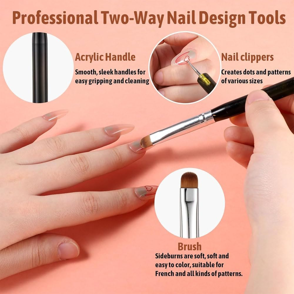 4 Pcs Professional Nail Art Brush Set 2 Way Dual Head Acrylic Nail Brush for French Tip, Line Drawing and Nail Art Design,Precision Manicure Tools for Salon Gel Polish, False Nails Extension image number 1