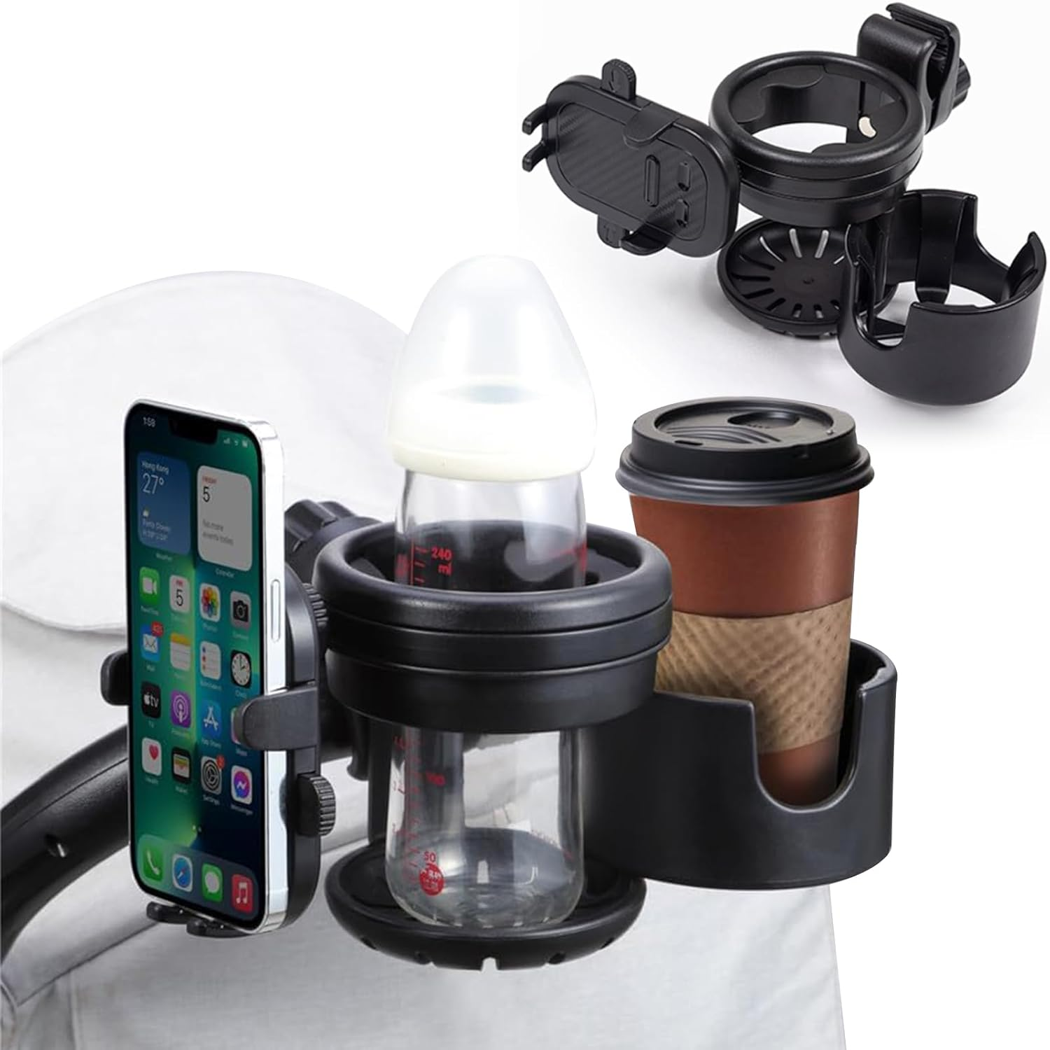 Stroller Cup Holder with Phone Holder, Universal 360 Degree Rotation Pram Drink Holder, 3-In-1 Strollers Storage Rack for Pushchair, Wheelchair, Bike, Wheelchair, Walker, Fits Most Cups (Black) image number 6