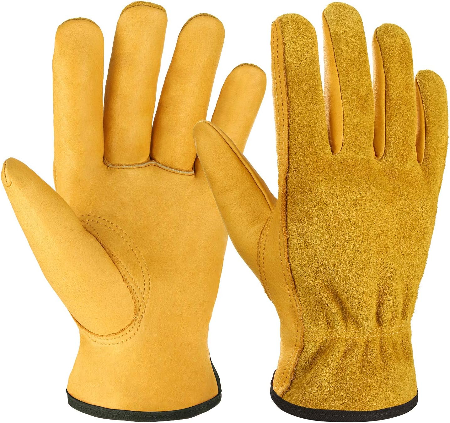 OZERO Leather Work Gloves Flex Grip Tough Cowhide Gardening Gloves for Wood Cutting/Construction/Truck Driving/Garden/Yard Working for Men and Women 1 Pair (Yellow) image number 6