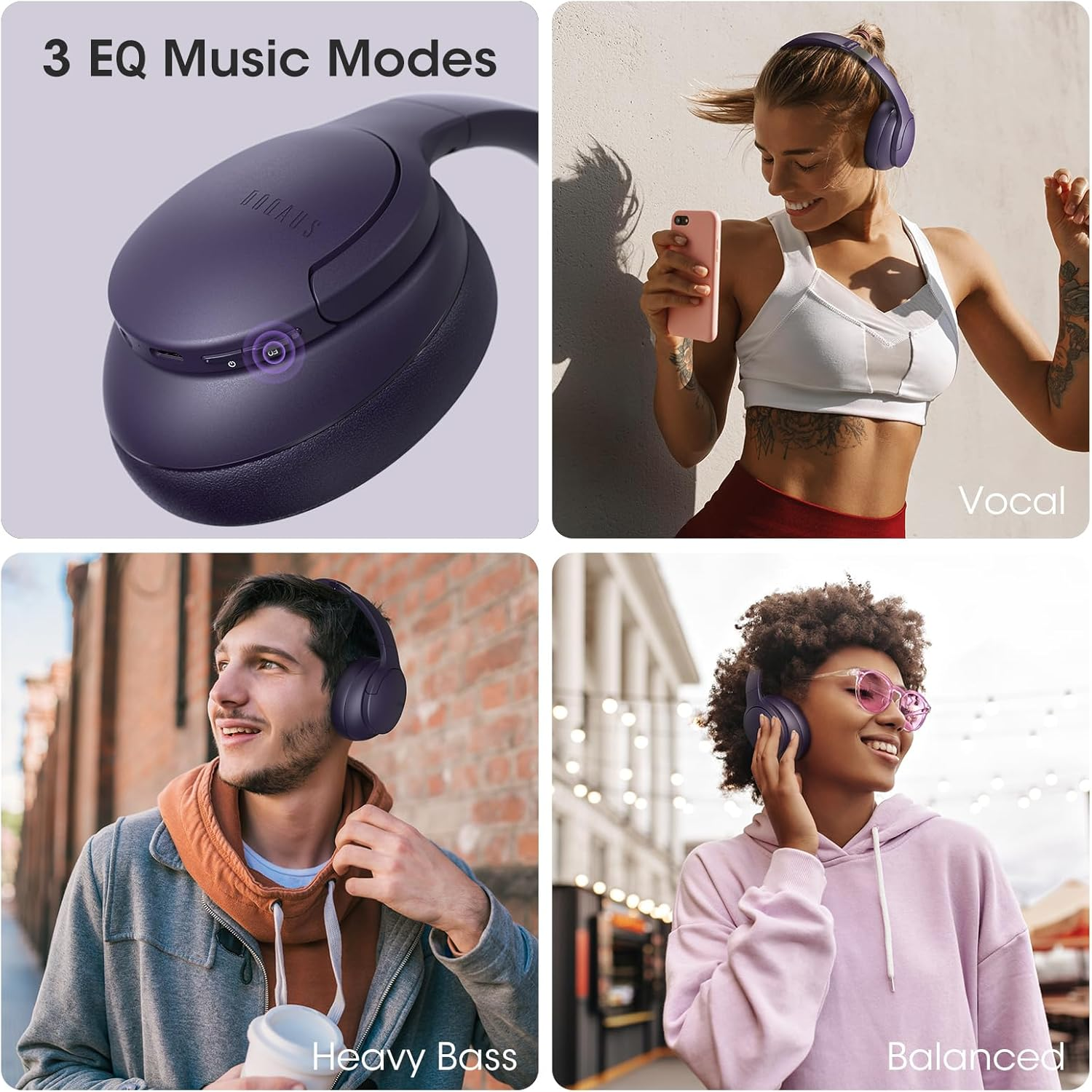 DOQAUS Bluetooth Wireless Headphones over Ear, 90H Playtime, 3 EQ Mode, Hifi Stereo Bass Headphoens with Mic, Bluetooth 5.3 Foldable Headphones Wireless with Memory Protein Earpad for Phone/Pc(Purple) - Black image number 5