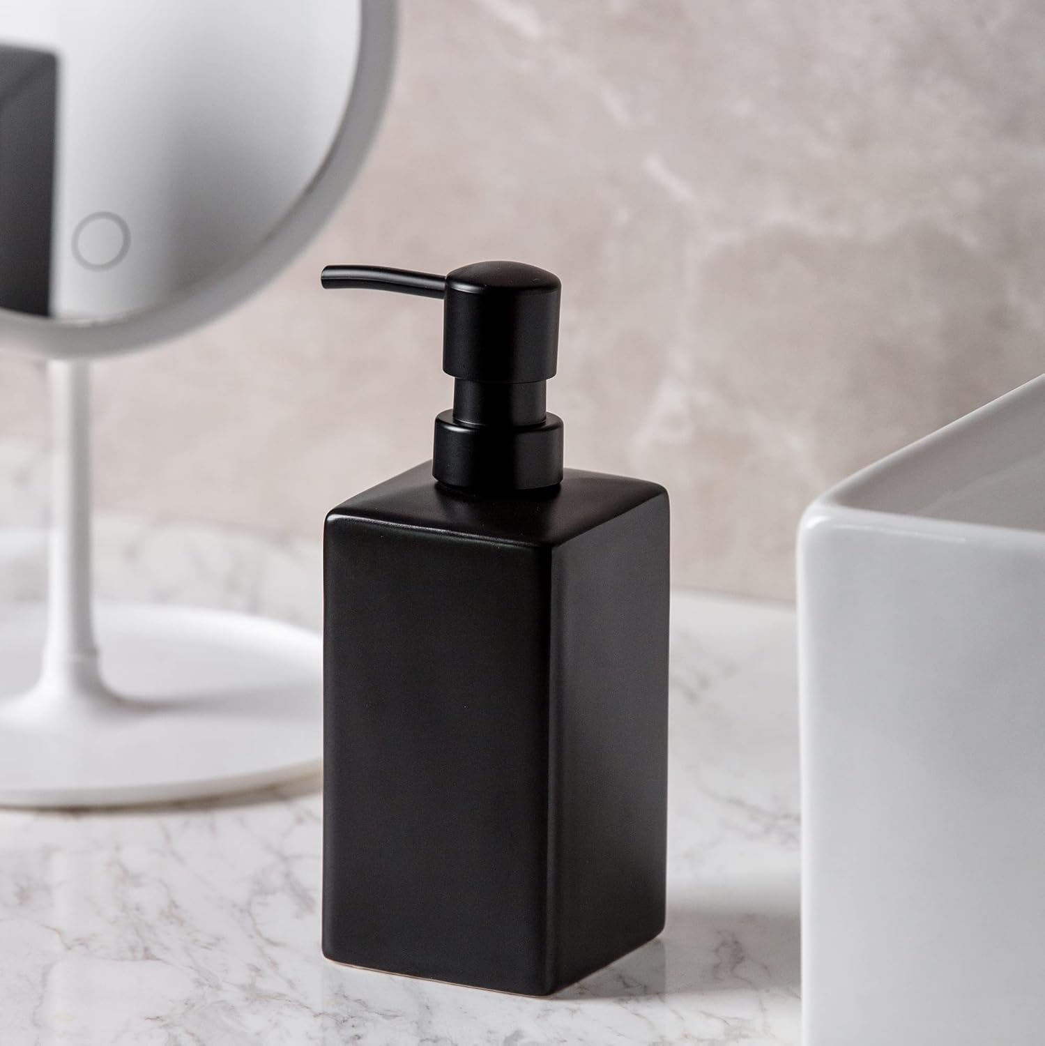 Matte Black Soap Dispenser Ceramic,Square Hand Soap and Lotion Dispenser for Bathroom Countertop,Dish Soap Dispenser for Kitchen-400Ml. - White image number 3