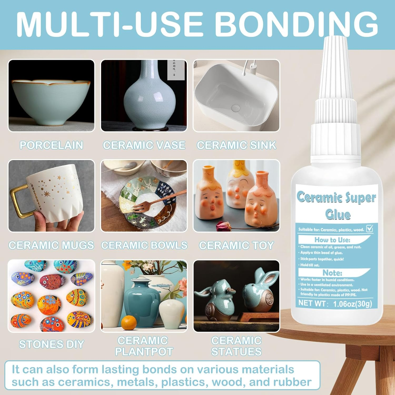 WAN2TLK Ceramic Glue 60G, Waterproof Ceramic Glue Repair for Pottery, Heat-Resistant, Porcelain Glue for Bonding Pottery, Glass, Plastic, Acrylic, Metal, Wood, Rubber - 6 Applicator Nozzles image number 1