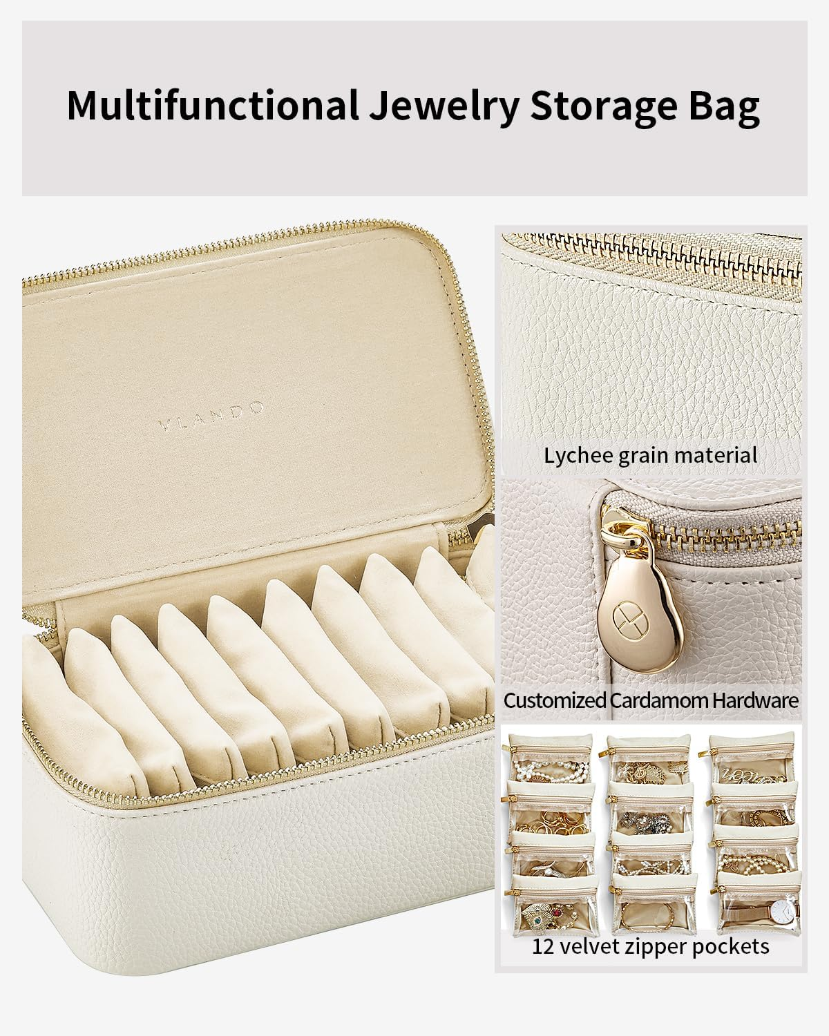 Vlando Travel Jewellery Organiser,Pu Leather Jewellery Box with 12 Velvet Jewellery Pouch, Jewellery Case for Necklace,Ring, Gifts for Women, White-L