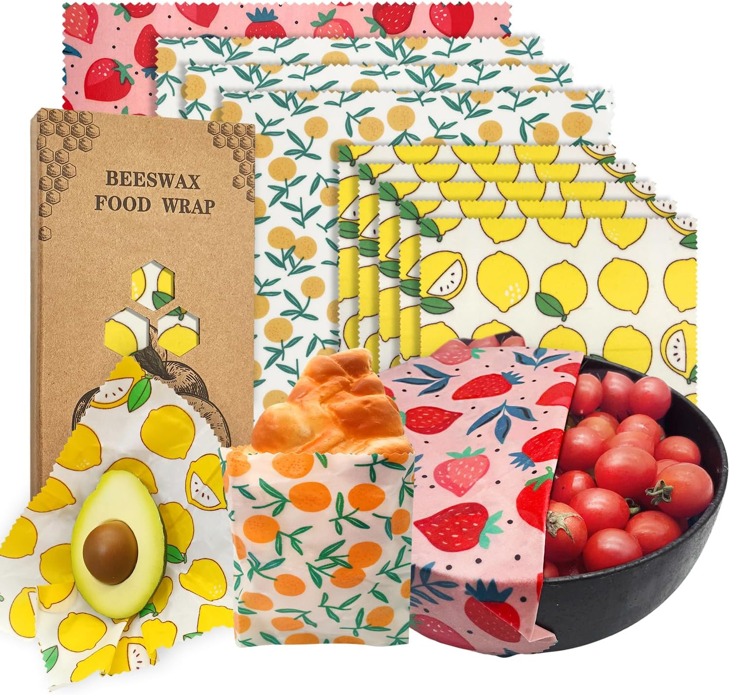 Reusable Beeswax Wrap - 9 Pack Eco-Friendly Beeswax Wraps for Food, Organic, Sustainable, Biodegradable, Zero Waste, Plastic-Free Food Storage, 1L Strawberry, 3M Orange, 5S Lemon Patterns image number 2