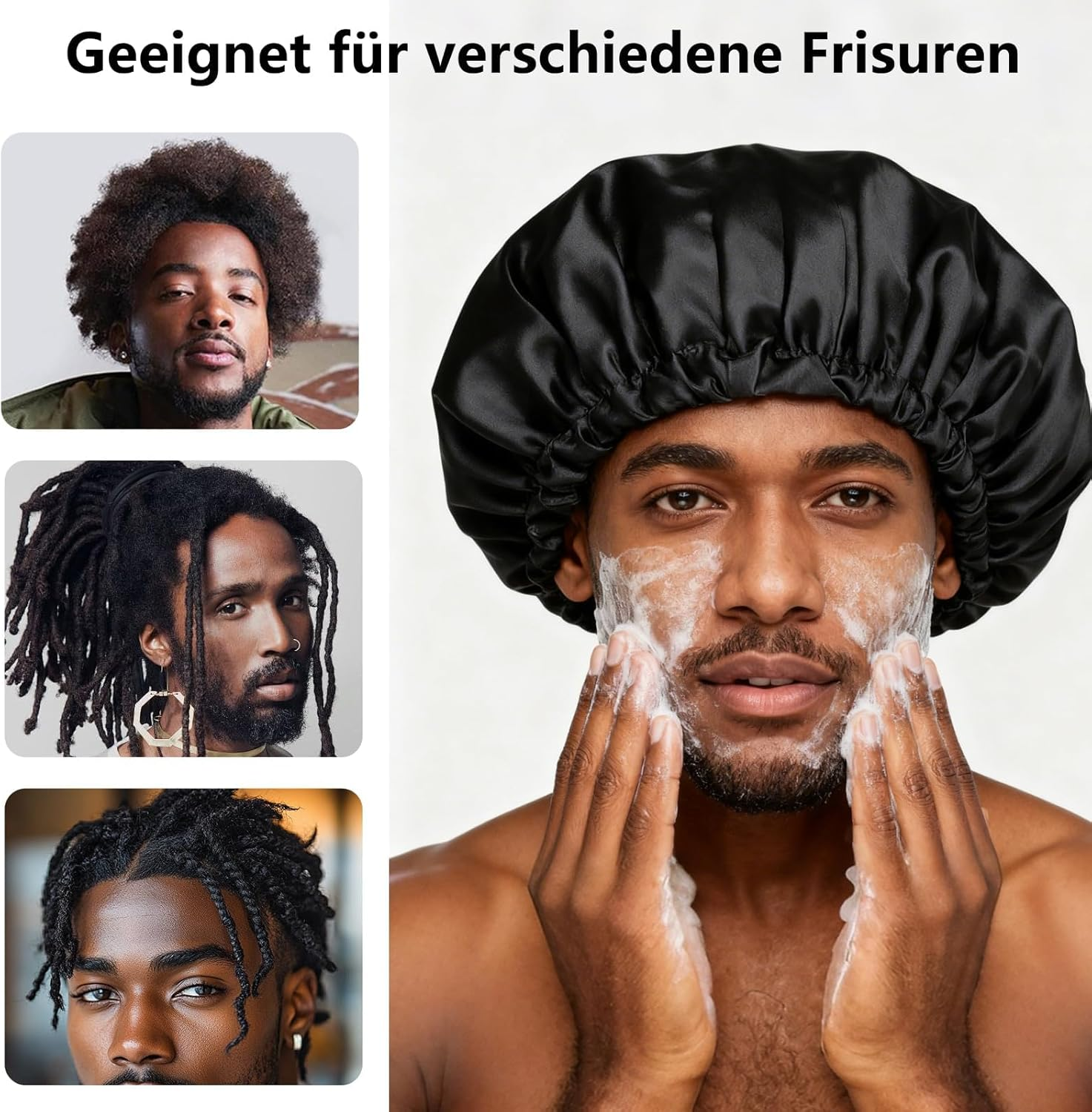 VZU Satin Bonnet Sleep Cap for Men, Breathable Adjustable Silk Night Hat with Elastic Band - Protects against Frizz and Hair Damage, Silk Sleep Cap for Men (Black) image number 3