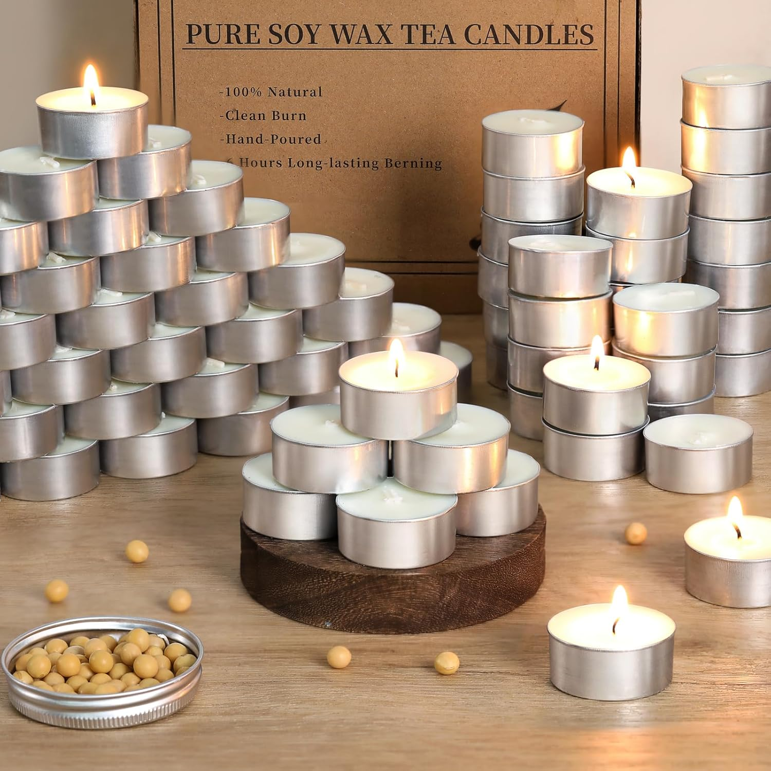 Soy Wax Tealight Candles | 100 Pack - 6 Hour Long Burning Tea Lights, 100% Natural, Paraffin-Free, Unscented Tealights for Party, Home, Wedding, Emergency