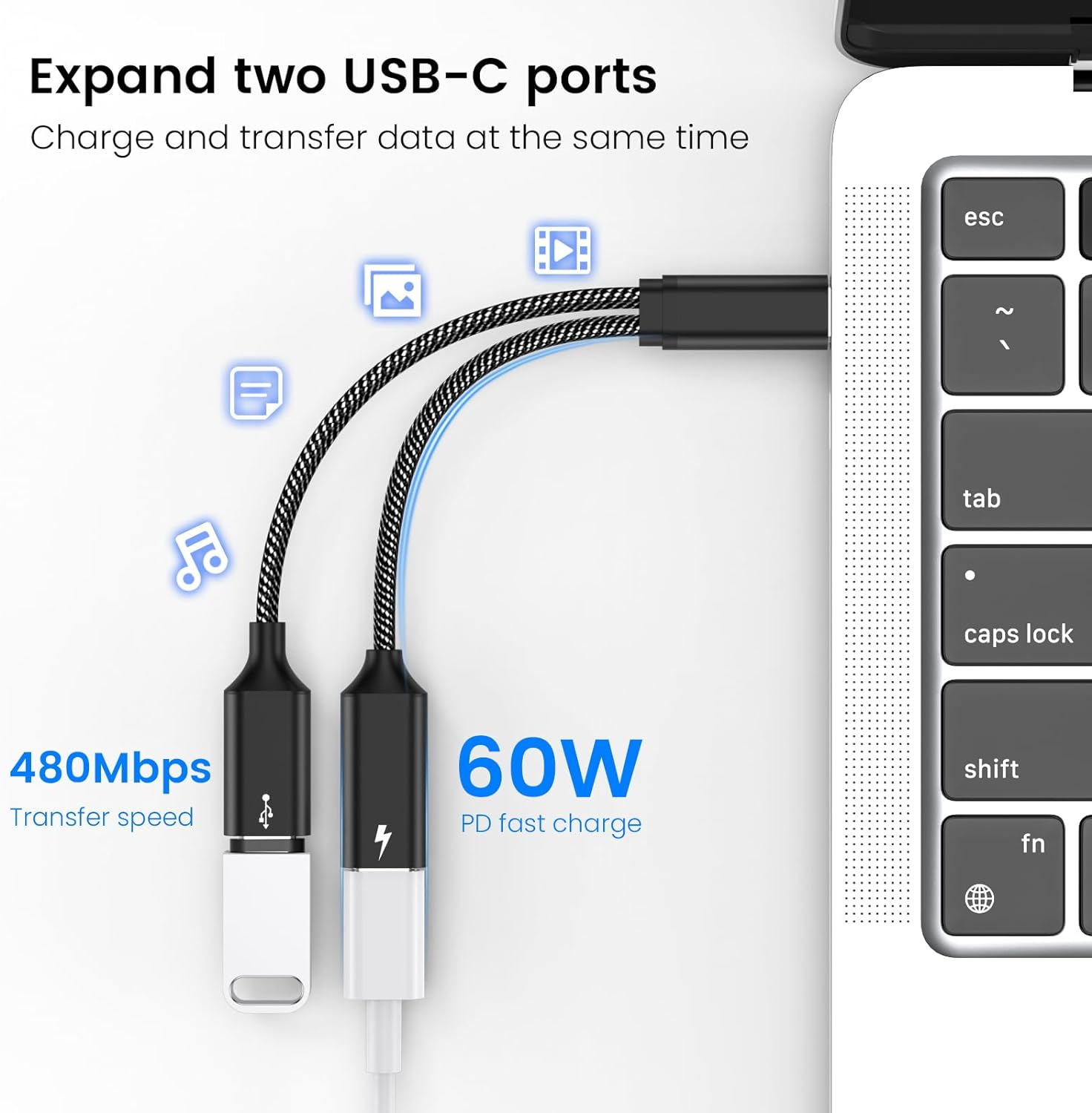 MOGOOD USB C Splitter USB C to USB C Female Adapter USB Y Splitter Cable(Not for Monitor) USB C Male to 2USB-C Female Cord Double USB C Port Hub USB C Charging Split Adapter for Mac,Xbox One,Laptop image number 3