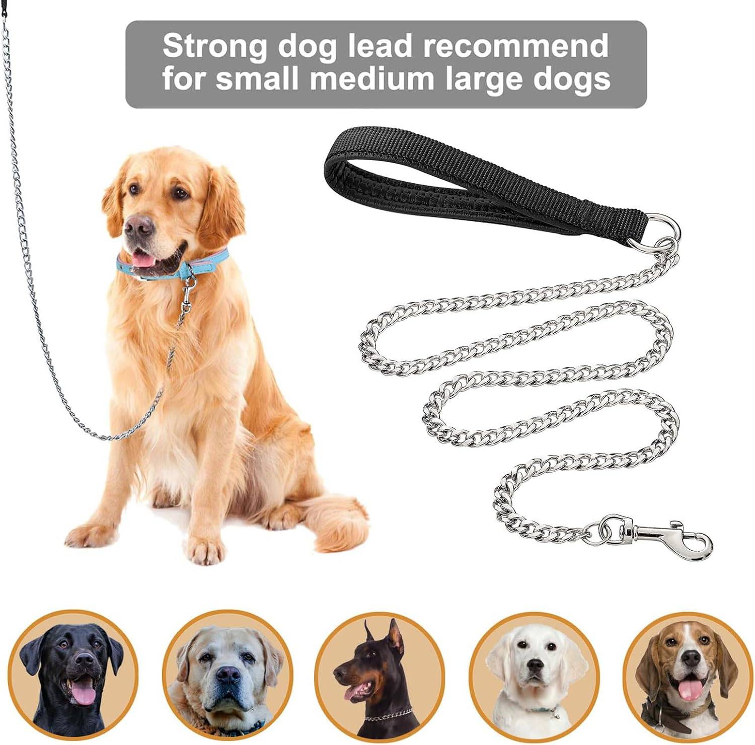 VCCLFSIA Chain Dog Leash, 6FT/1.8M Heavy Duty Metal Dog Leash with Soft Padded Handle, Chew Proof Pet Leash for Large & Medium Size Dogs image number 2