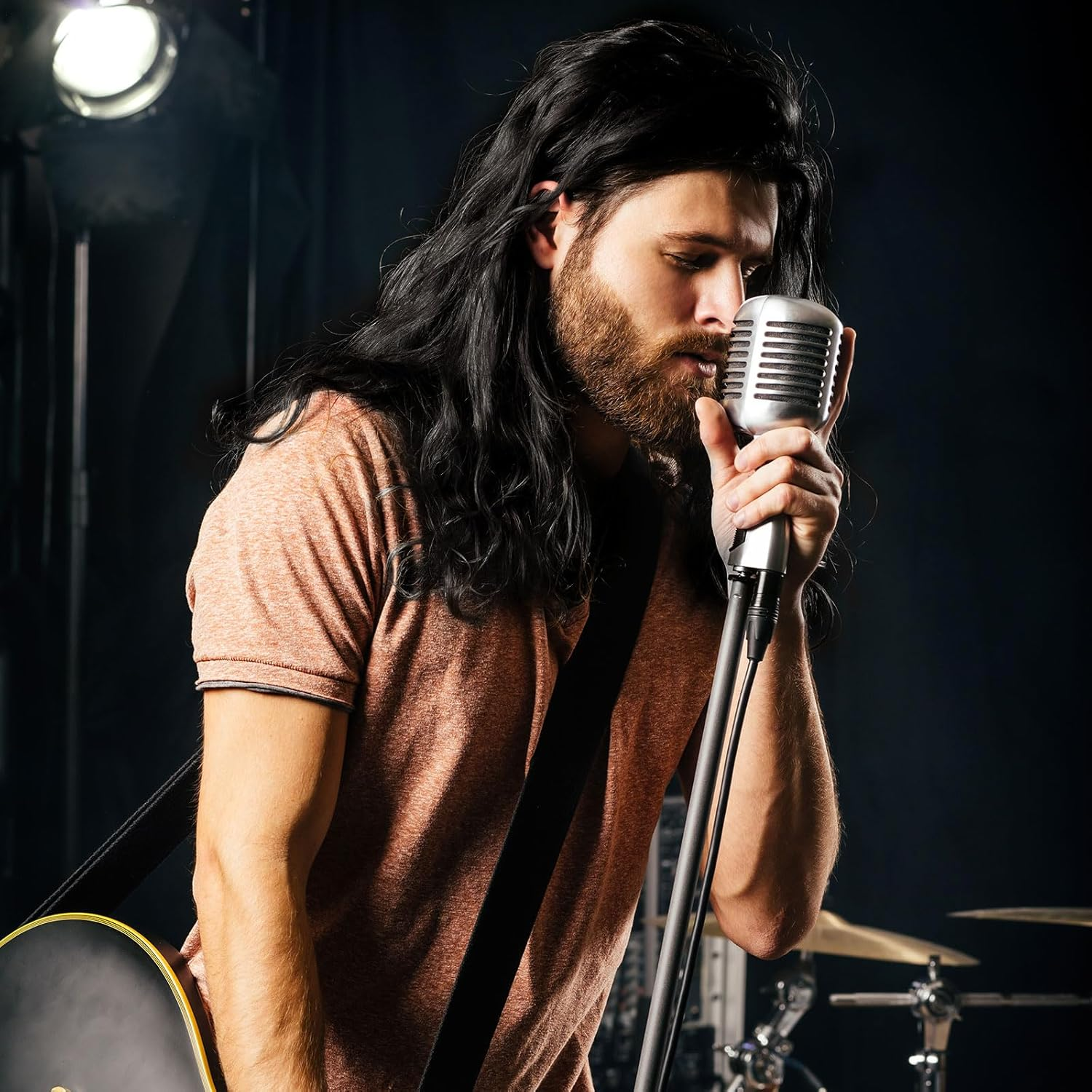 TSHAOUN Mens Long Black Wig, 16Inch Mid Length Mens Curly Hair Wig for Adults, 70S 80S Fancy Dress Party Wigs for Costume Cosplay Halloween (Black)