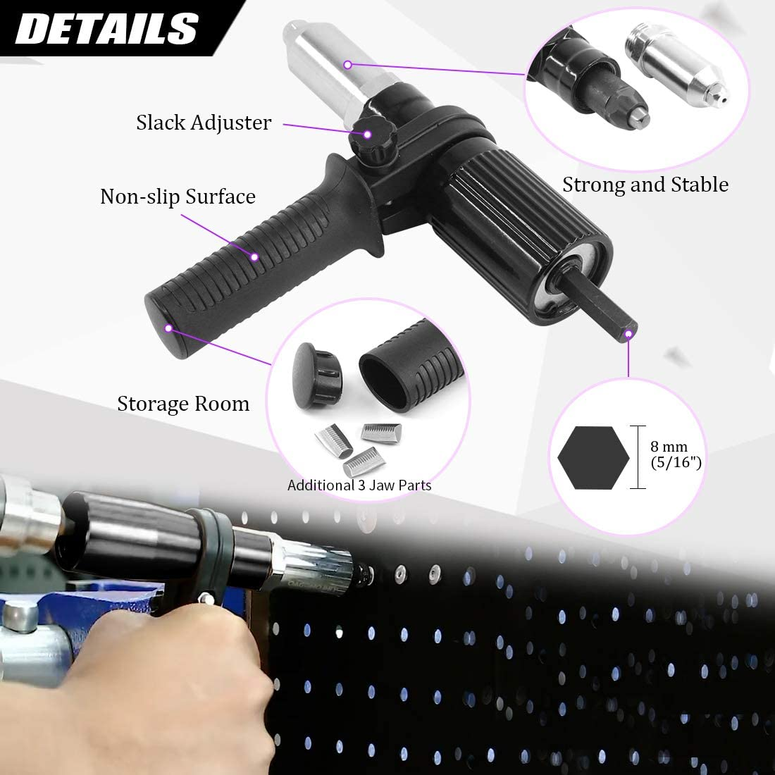 Swpeet 211Pcs Black Alloy Steel Electric Rivet Gun Adapter Kit, Including 2.4/3.2/4.0/4.8Mm Diameter Rivet Head and Handle Wrench with 500Pcs Aluminum Blind Rivet Kit image number 5