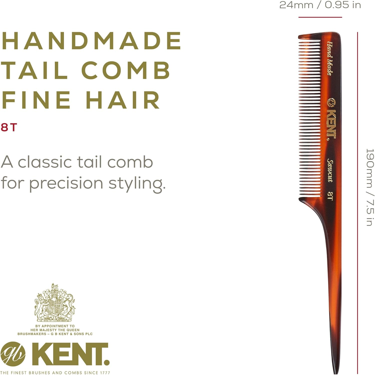 Kent Brushes Handmade Comb a 8T Tail Comb for Women
