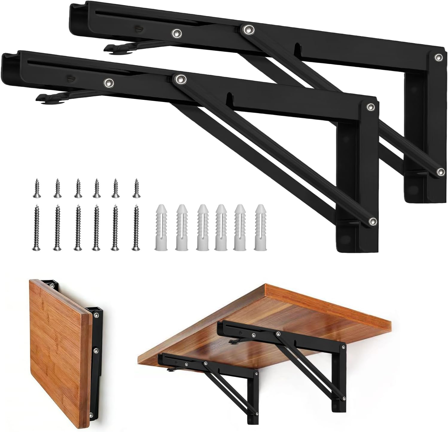 Folding Shelf Brackets - Heavy Duty Metal Collapsible Shelf Bracket for Bench Table, Shelf Hinge Wall Mounted Space Saving DIY Bracket, Max Load: 150 Lb, Black image number 4
