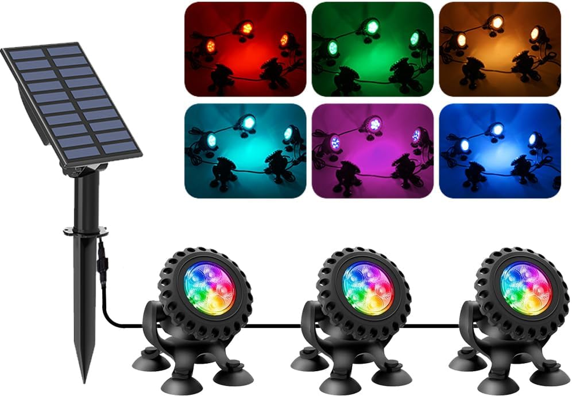 Solar Powered Multi-Colour Pond Lights, 3 Spotlights, 6 Colour Options,Underwater LED Pond Lights RGB Submersible Fountain Lights IP68 Waterproof Fish Tank Light for Aquarium Garden Pool Fountain image number 1