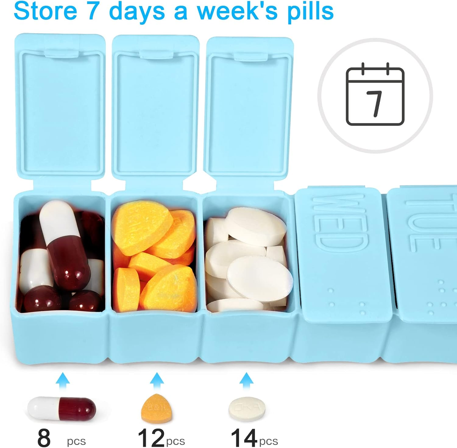 Pill Organizer-Pill Boxes for Travel, 7 Day with Braille Pill Case Vitamins Fish Oil Supplements, Medication Organizer Dispenser for Fish Oils, Vitamin Holder Supplement (Sky Blue)