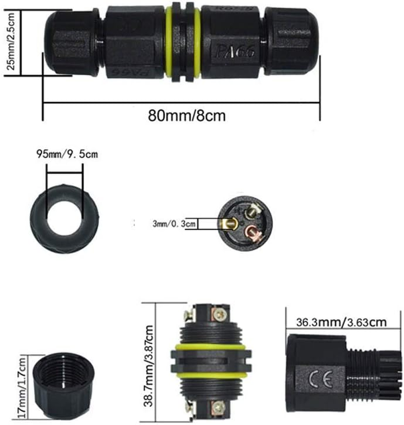 Set of 4 NUZAMAS 3 Pin Waterproof Connector Outdoor Junction Box IP68 Electrical Connectors for 4.5Mm-10Mm Cable, Outdoor, Garden, Christmas Light, Street Light, Led Lamp, Solar Supplies image number 2