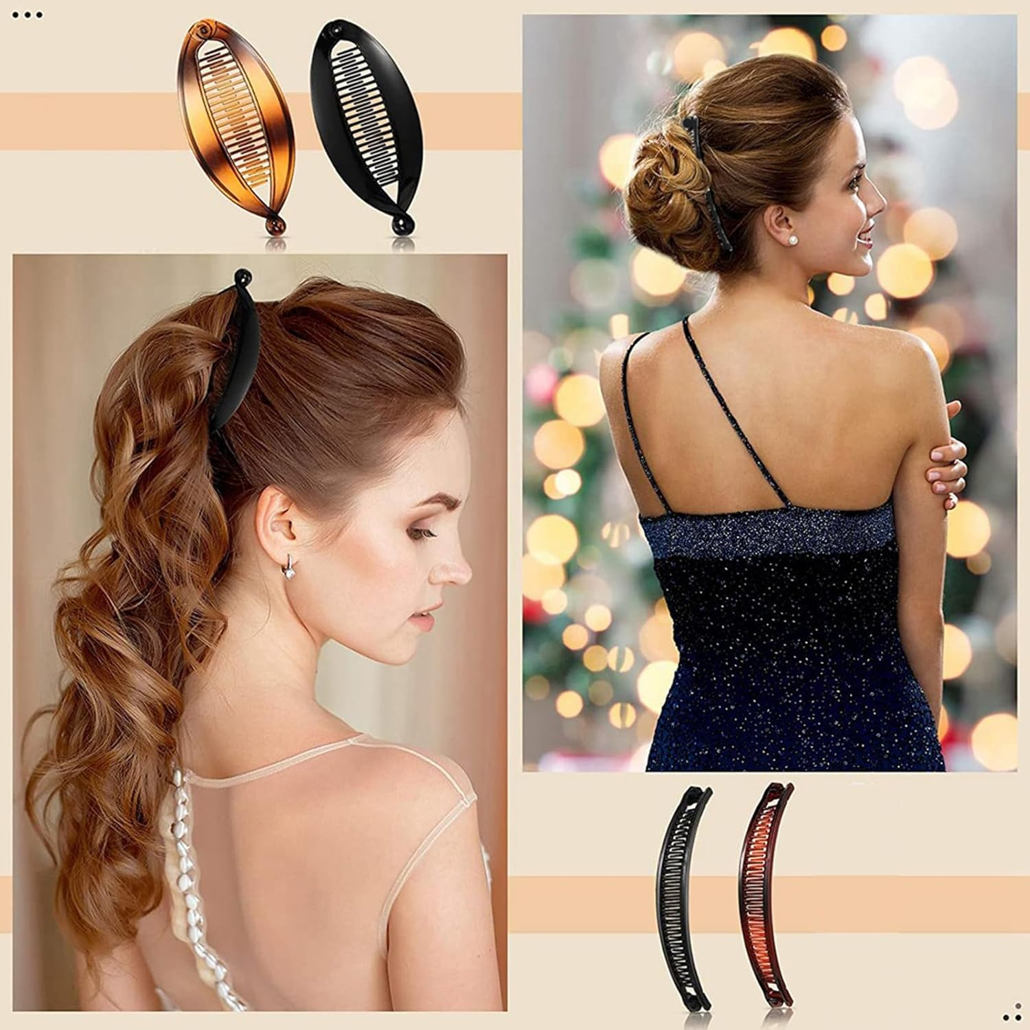 RTRTGS 4 Pieces Banana Hair Clips Classic Clincher Combs Large Double Comb Banana Clip Banana Fishtail Hair Clip for Women Girls, 2 Styles (Tortoiseshell Colour, Black) image number 4