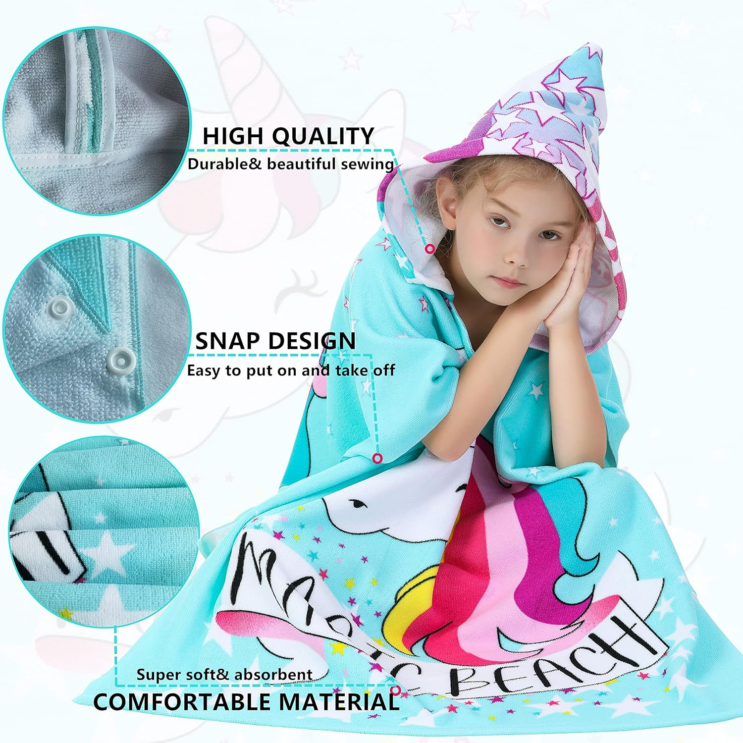 Athaelay Unicorn Design Poncho Towel for Girls Ultra Soft Swimsuit Cover-Ups with Drawstring Bag for 3 to 10 Years Kids Bath Beach and Pool