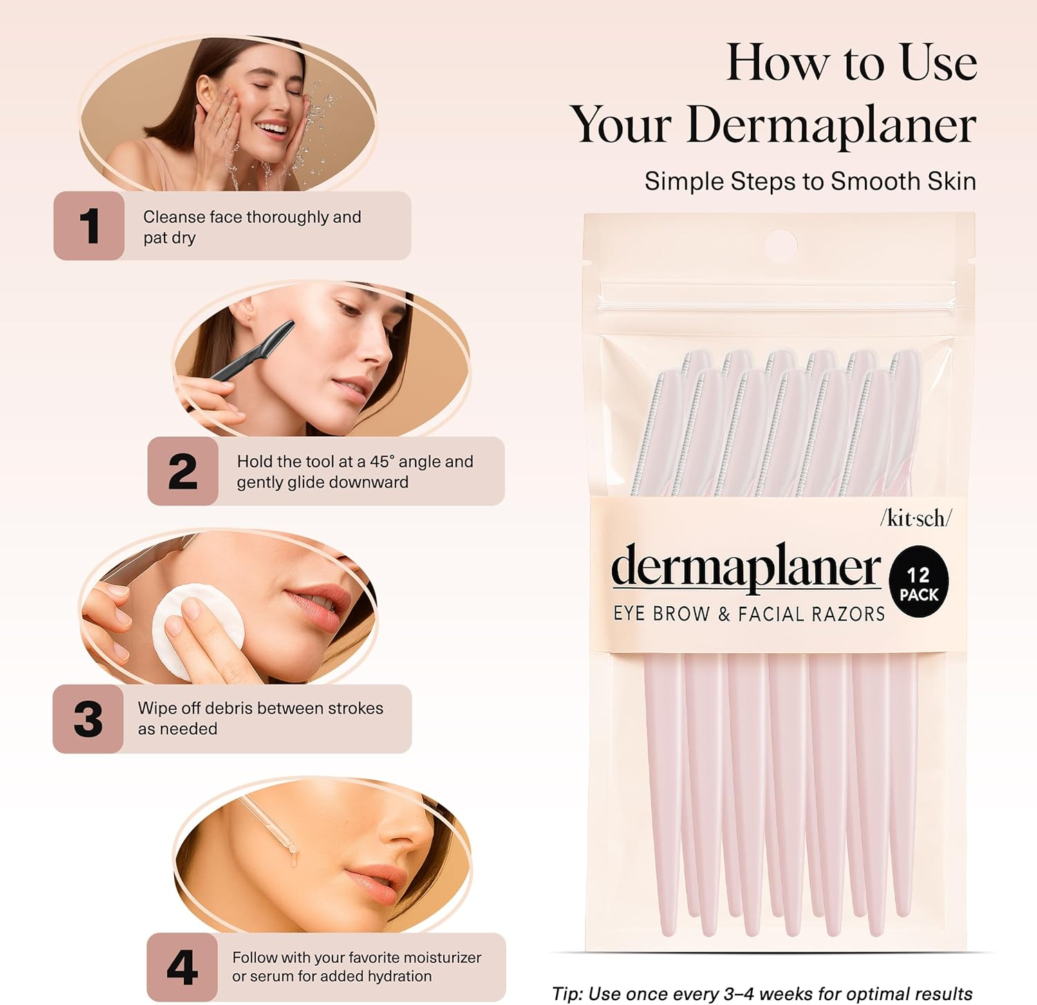 Kitsch Dermaplaning Tool - 12 Pieces Razor Face Razor for Women, Eyebrow Razor, Facial Hair Removal for Women, Dermaplane Razor for Face, Blush