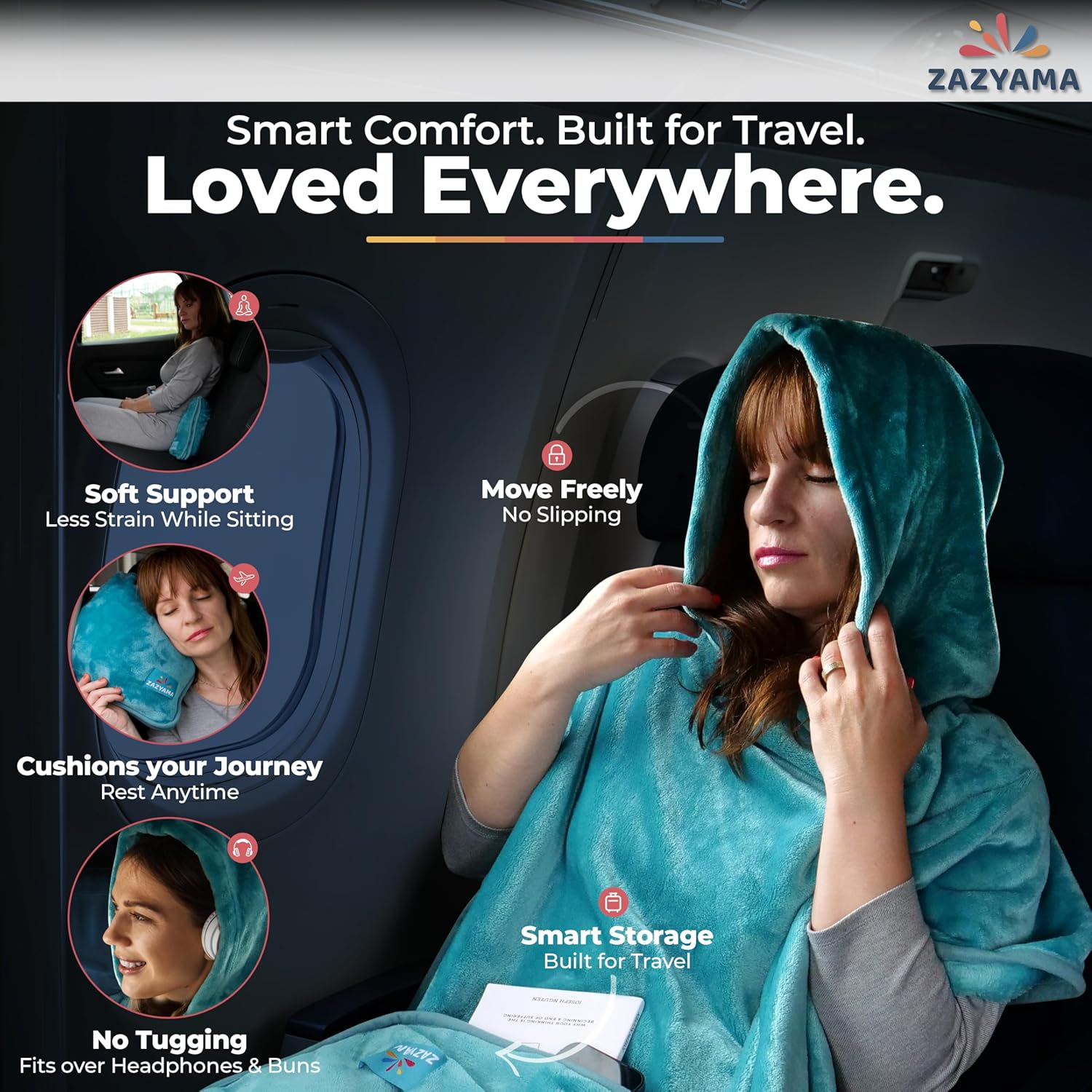 ZAZYAMA 3-In-1 Travel Blanket Airplane &ndash; Compact with Bag & Pillow Combo Set, Ultra-Soft Fleece | Packable Blanket Compact | Hidden Pocket | Trolley Sleeve | Carabiner | Travel Essentials (Aqua Teal) image number 2