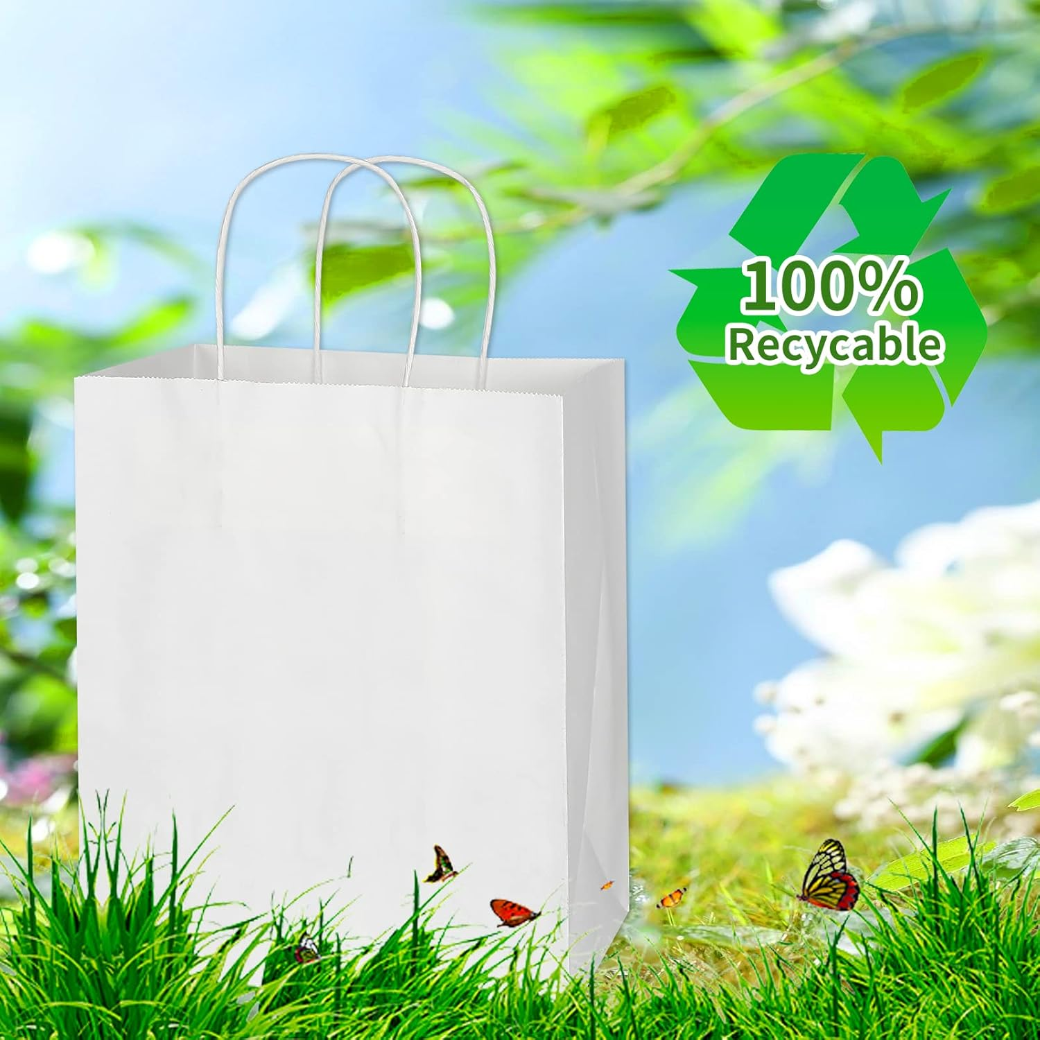 Toovip 100 Pack 8X4.75X10 Inch Medium White Kraft Paper Bags with Handles Bulk, Gift Wrap Bags for Favors Grocery Retail Party Birthday Shopping Business Goody Craft Merchandise Take Out Bags Sacks - Black image number 5