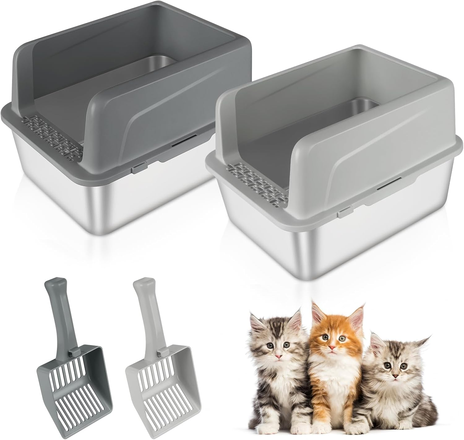 Bartuke 2 Pack Kitty Stainless Steel Litter Box, Large Rabbit Litter Box with Scoop, Small Animal Toilet for Kitten, Rabbit, Guinea Pigs, Hamster(Dark Grey & Light Grey)