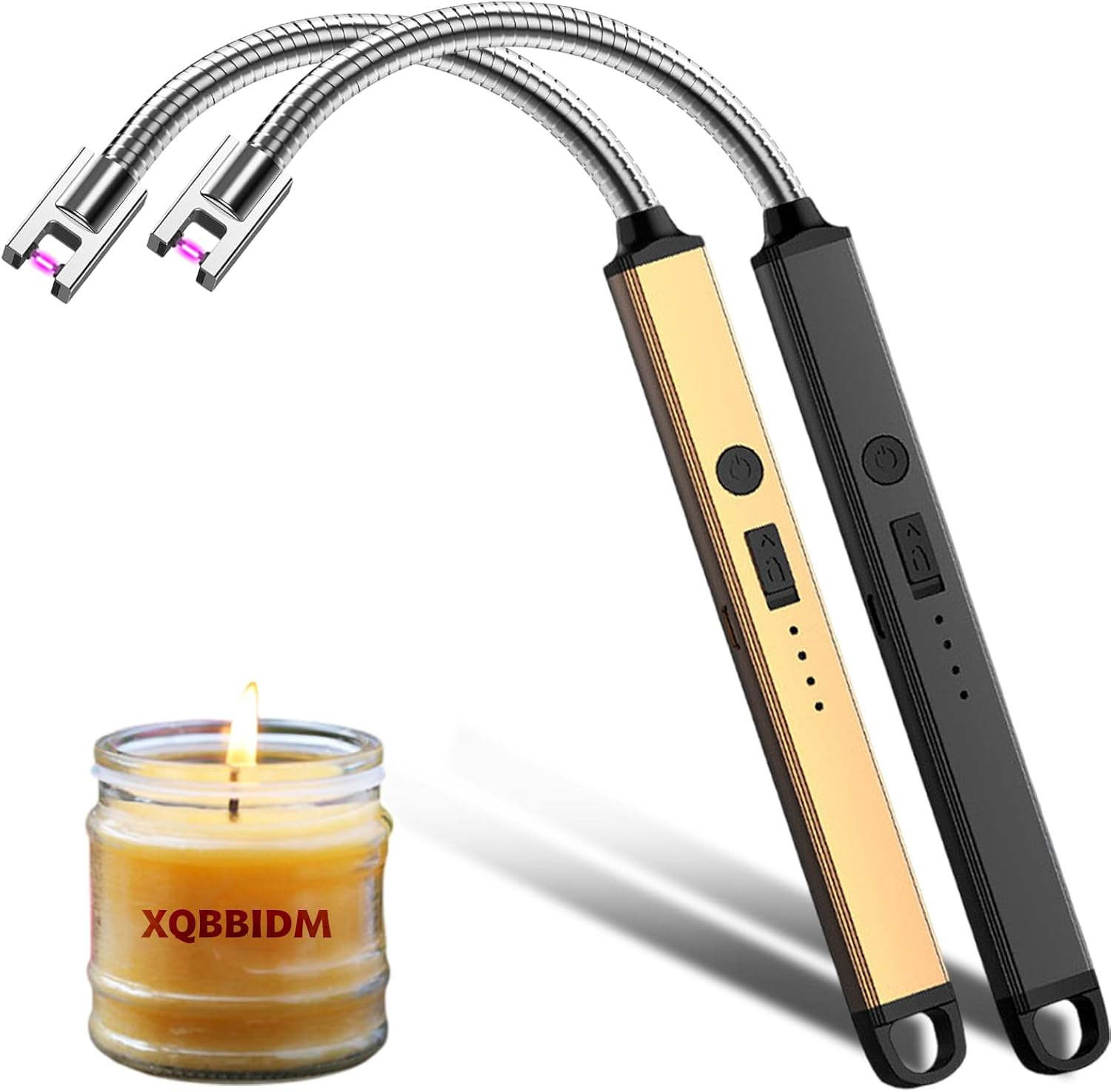 Electric Lighter, 2 Pack of USB Rechargeable Candle Lighter with Flexible Neck, 10.4-Inch Long Handle Arc Lighters with LED Battery Indicator and Safety Switch for Candle, Kitchen,Camping(Black+Blue)