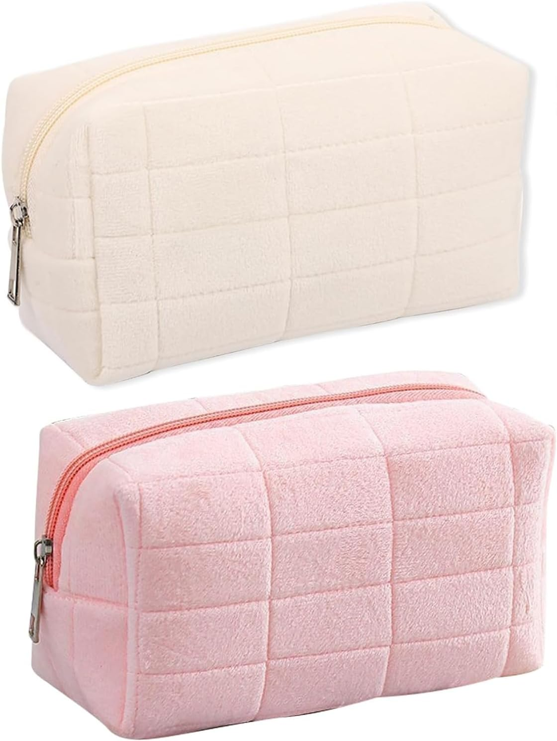 2 Pack Mini Makeup Bag for Travel - Soft Plush Cosmetic Pouch, Cute Toiletry Organizer for Women & Girls, Portable Makeup Storage（Pink+White）