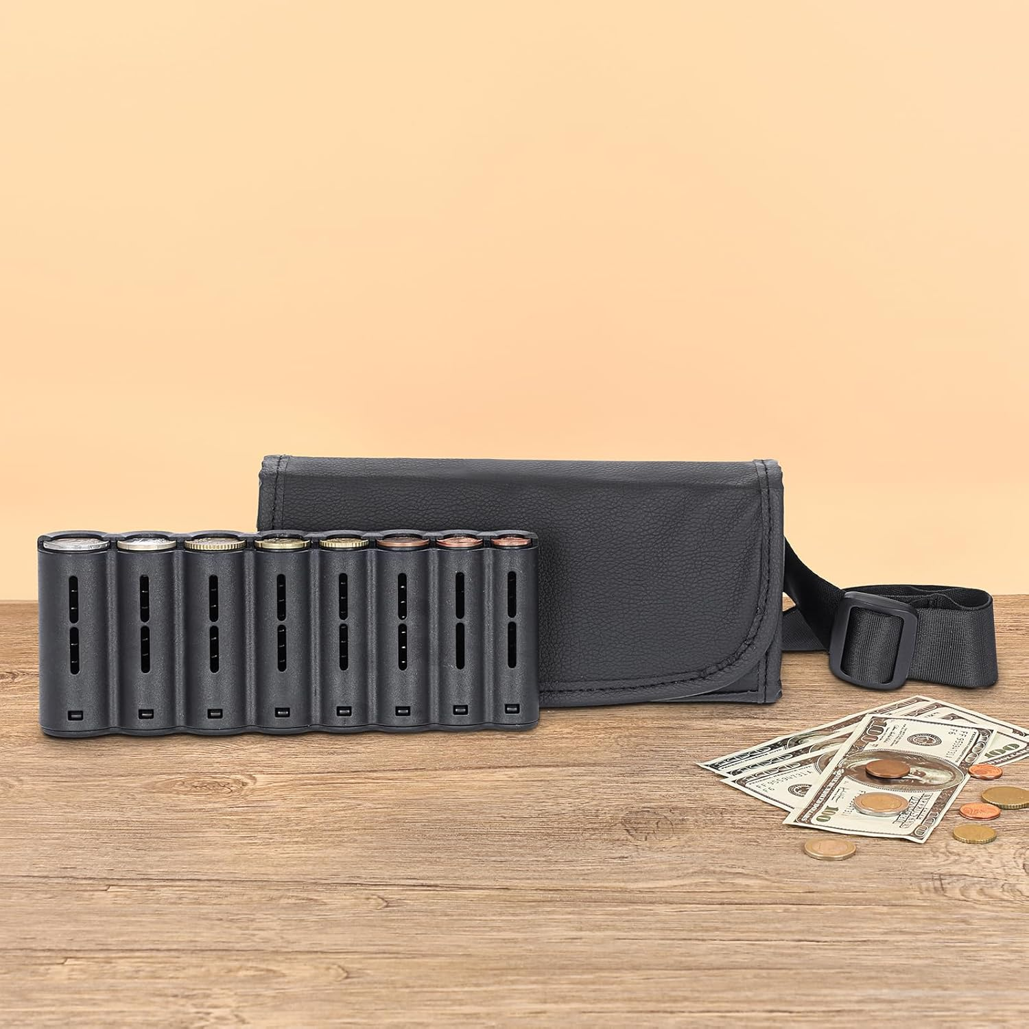 OGA Wallet with Coin Dispenser, Black Waiter'S Bag, Belt Bag with Coin Sorter and Organiser for Waiters, Bus Drivers, Taxi Drivers, Adjustable Belt, 8 Compartments for Coins (21.3 X 7 X 10.3 Cm image number 1