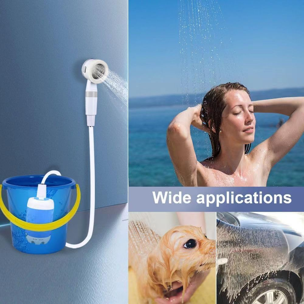 Portable Camping Shower Pump, Rechargeable Outdoor Shower Head Sprayer, Pumps Water from Bucket. Experience Refreshment Anywhere, Perfect for Camping, Hiking, Travel, Car Washing & Pet Cleaning - White image number 2