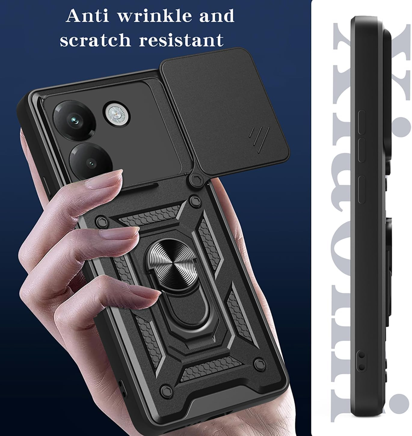 ILING Mobile Phone Case for Xiaomi Poco M7 Pro 5G, Ultra Thin Shockproof Metallic Matte Texture Hard PC Case, Soft Silicone TPU Protective Case with Ring Stand and Camera Protection (Blue) - Green image number 4