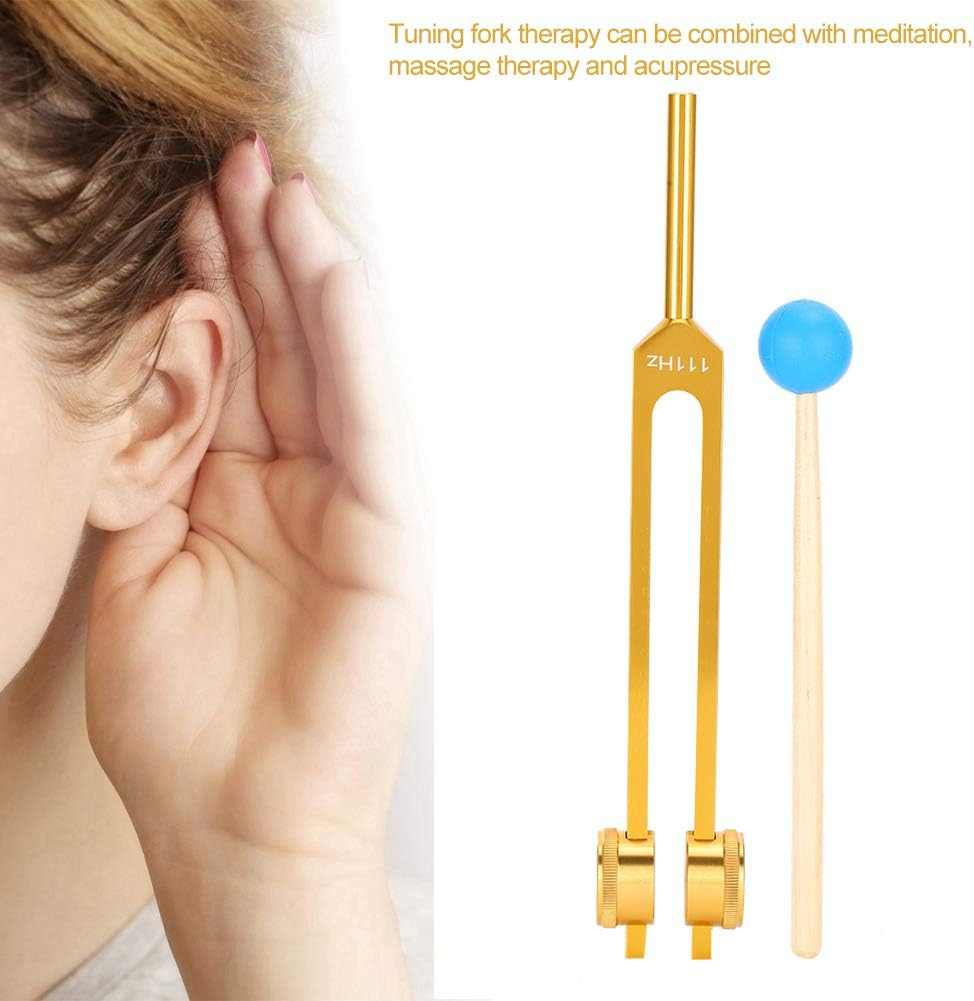 Aluminum Alloy 111HZ Frequency Tuning Fork, Yoga Meditation Tuning Energy Fork with Hammer, Massage Therapy and Acupressure Tool Kit with Storage Bag(Gold) image number 1