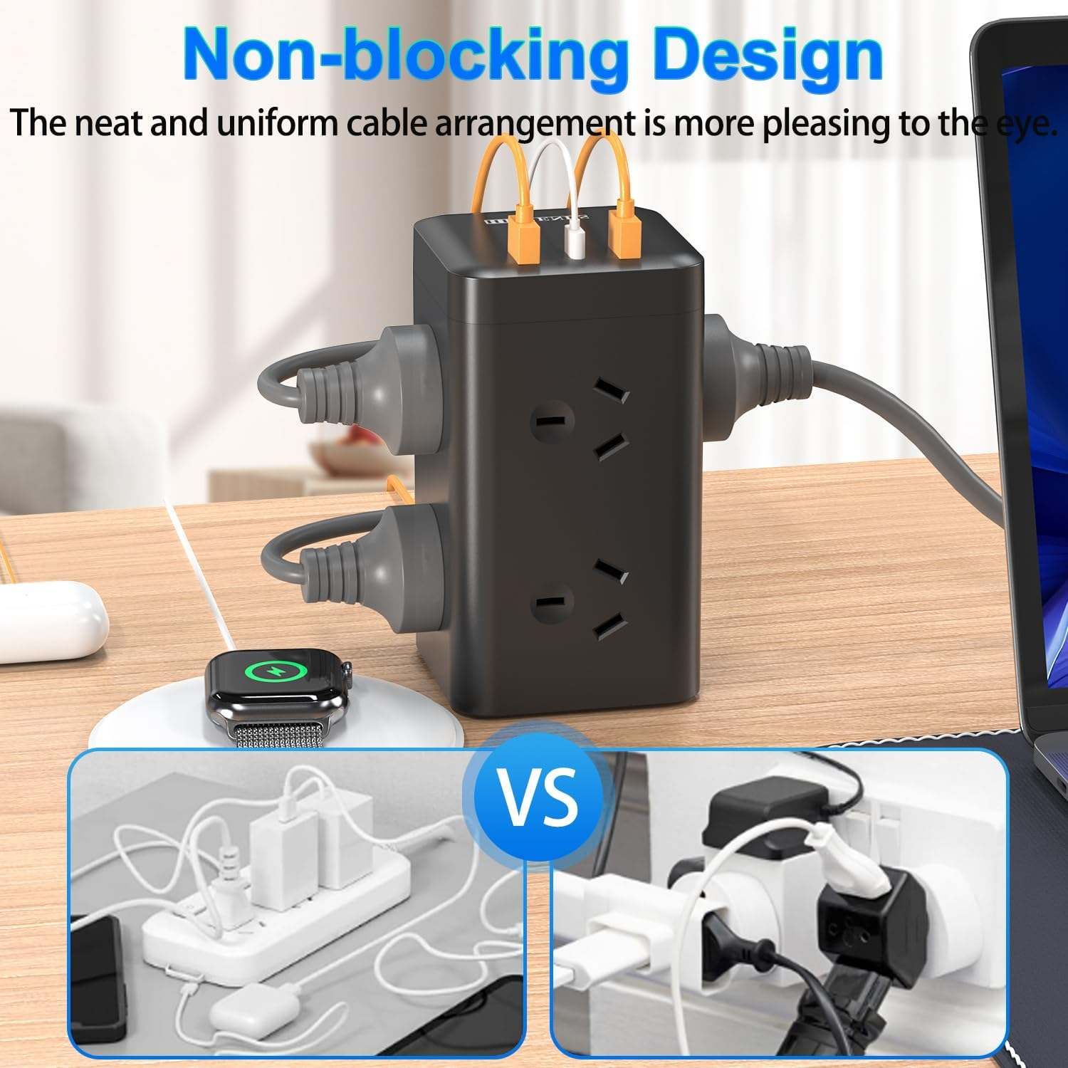 HITRENDS Tower Power Strip Surge Protector, 6 AC Outlets with 2 USB-A Ports and 1 USB-C Ports, 1.6 M Extension Cord, Power Board Tower for Home, Office, School, RCM Certified image number 3