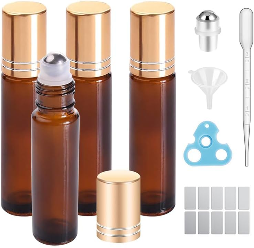 JOWILIN Essential Oil Roller Bottles, 4 Pcs 10Ml Glass Perfume Bottles with Opener, Pipette, Funnel, Labels, Travel Refillable Roll on Empty Bottles Set, Reusable Bottle with Gold Cap (Amber)
