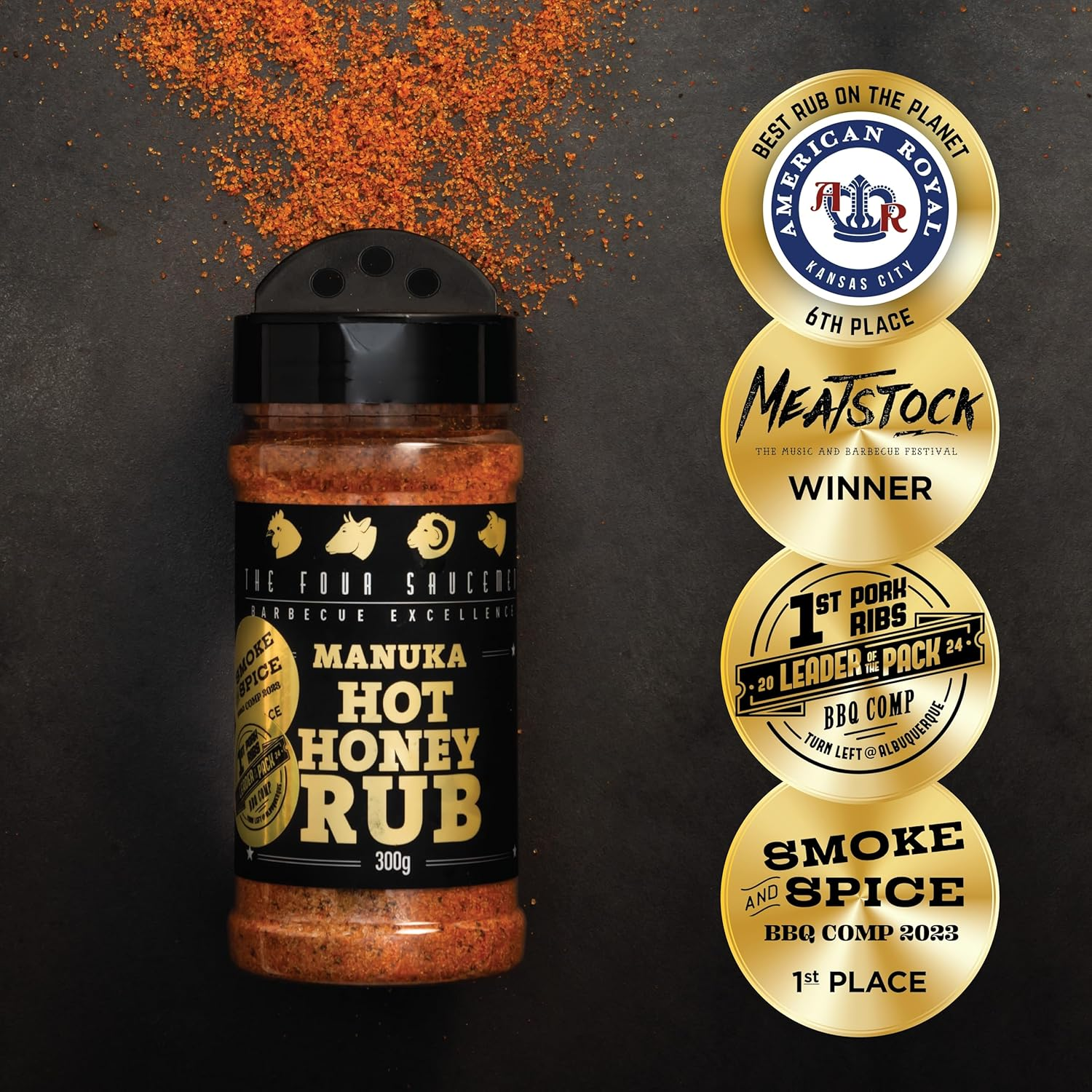 The Four Saucemen New Manuka Hot Honey BBQ Pack - Award-Winning Rib Glaze 500Ml & Rub 300G Shaker Jar Combo for Chicken & Pork image number 2