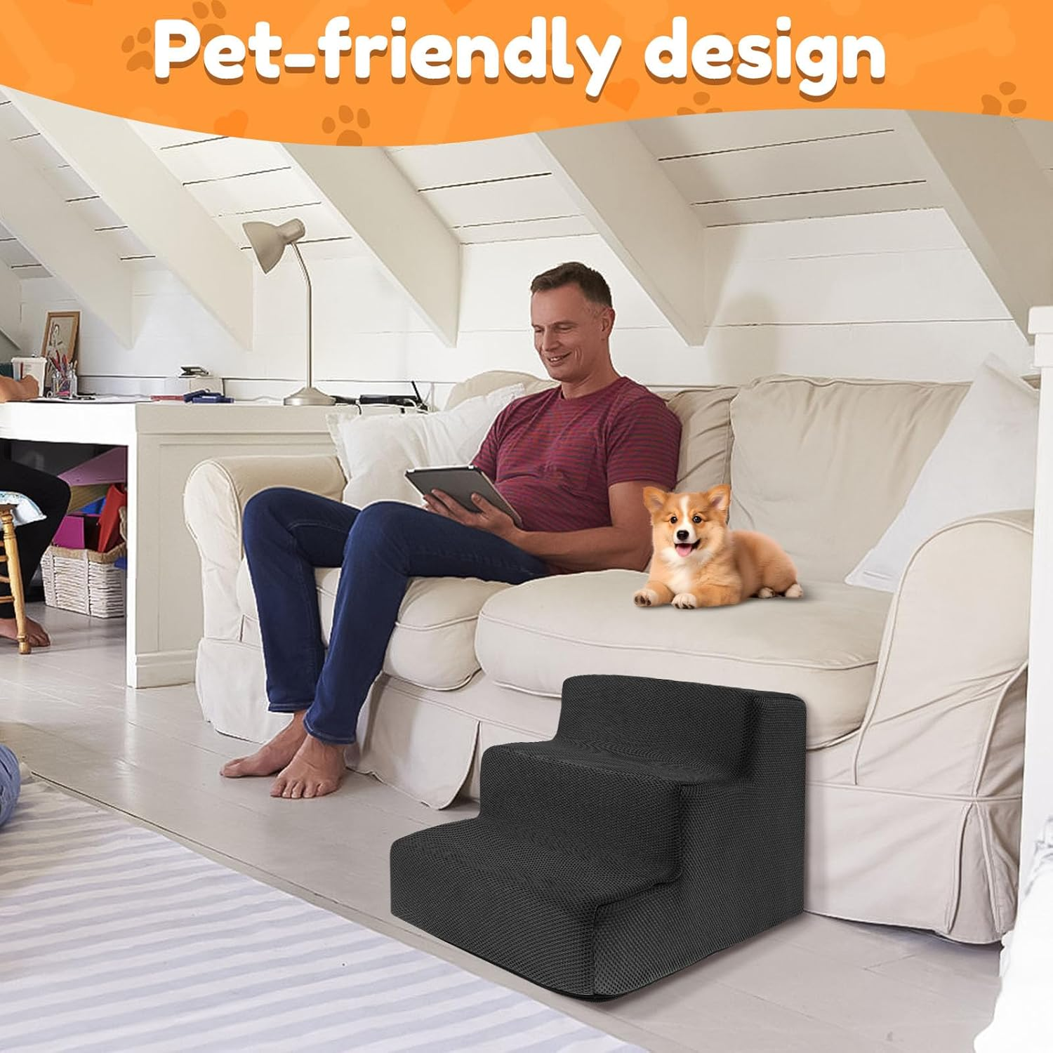 Dog Stairs for Small Dog, 3-Step Dog Steps for Bed, Practical Pet Stairs for High Bed Climbing, Washable Pet Ladder with Removable Cover, Curved Puppy Slope Stair for Sofa Low Bed Couch ﻿ image number 3