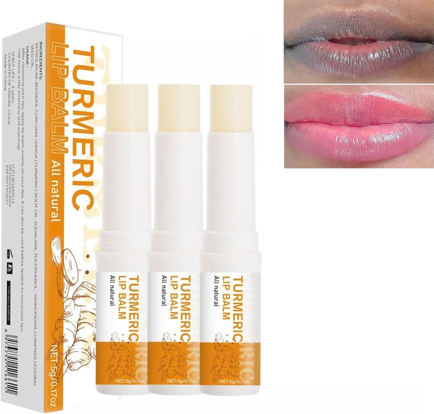 Turmeric Root Oil Lip Balm Stick and Exfoliating Scrub, Nourishing, Soothing & Moisturizing Lip Care Duo, Hydrating Balm Stick & Gentle Exfoliating Scrub for Dry or Chapped Lips (3PCS)