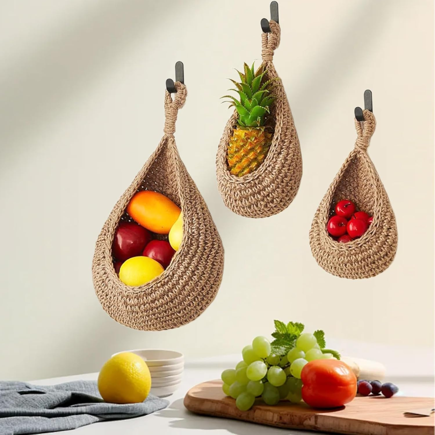 Hanging Wall Vegetable Fruit Baskets for Fruits, Hanging Baskets for Vegetables, Onions, Potatoes, Farmhouse, Home, Restaurant Decor, 3 Size, Linen image number 6