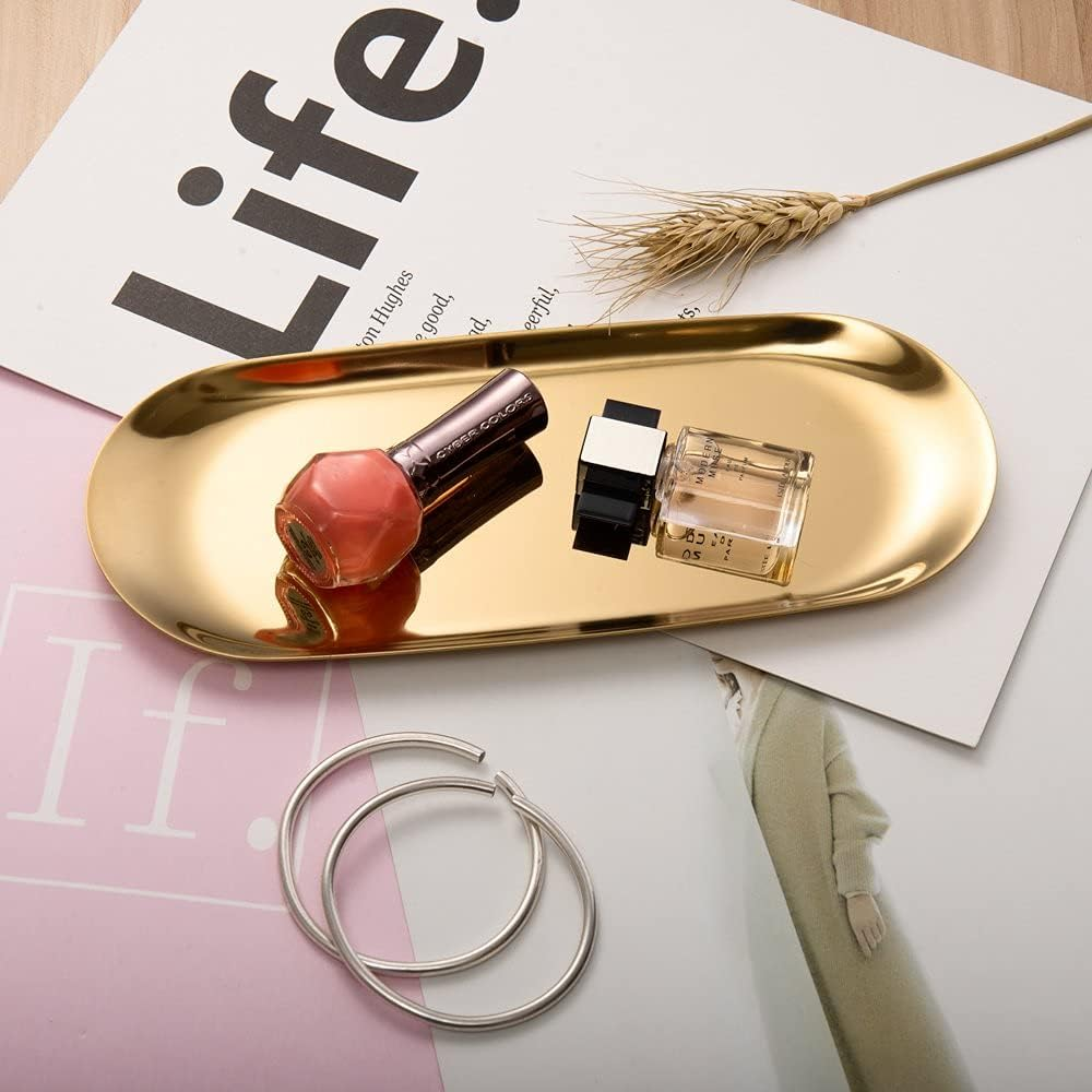 IMEEA Small Gold Stainless Steel Vanity Tray for Cosmetics, Candles, Makeup and Small Items - Elegant Perfume Trays Bathroom Organizer Trays (23 X 9.5Cm) (Gold) image number 4