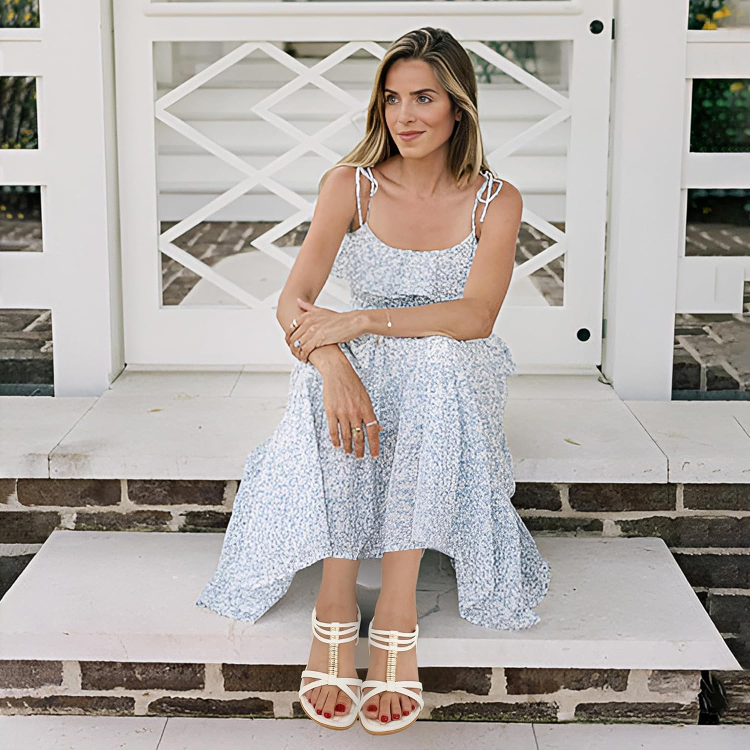 Alicegana Womens Sandals Summer Dressy Gladiator Flat Comfortable Walking Shoes Non Slip Casual Beach Ladies Sandal image number 5