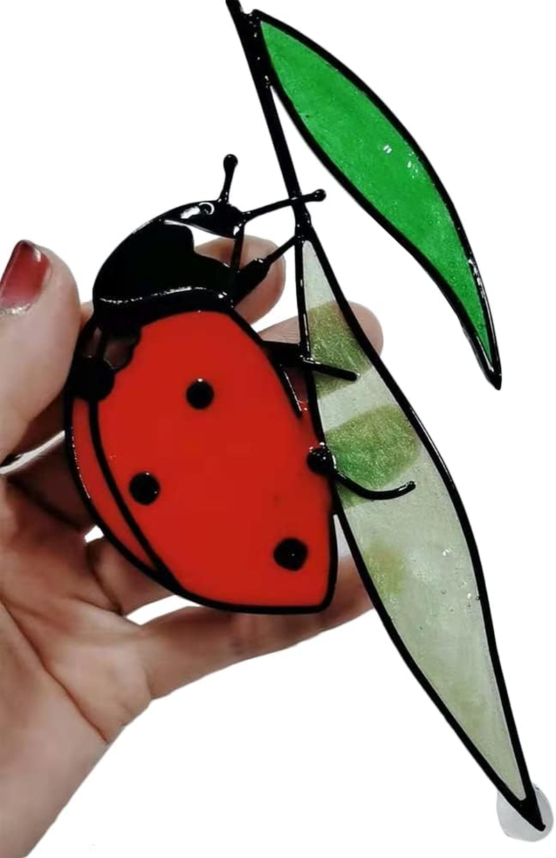 Ladybug on a Leaf Window Hangings Suncatcher Stained Glass Effect Ornament 22Cm Alloy Pendant Sun Catcher for Livingroom Bedroom Garden Fence Spring & Summer Decoration Hand Printed Gifts image number 4
