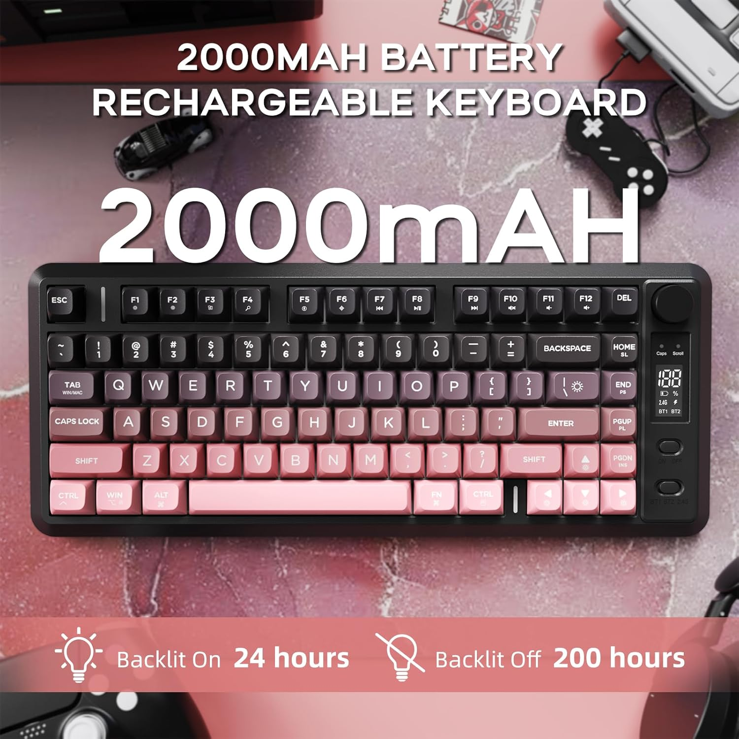 FREEWOLF X Attack Shark M75 Wireless Membrane Gaming Keyboard Mechanical Feel with Knob & OLED Display Bluetooth/2.4Ghz Rainbow Backlit Gradient PBT Keycaps 2000Mah Battery Anti-Ghosting-Pink image number 3