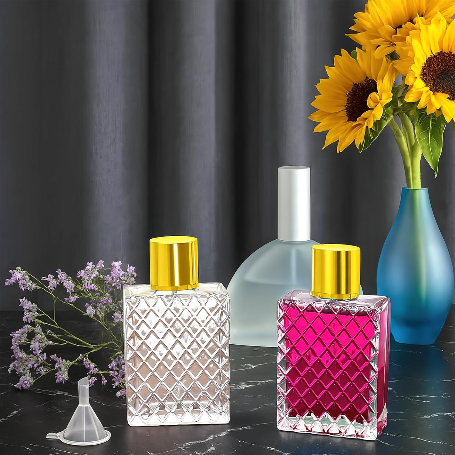 Malloom 10 Pack Refillable Glass Perfume Bottles, 100Ml/3.4 Oz Empty Perfume Bottles Clear Glass Fine Mist Atomizer Spray Bottle with 10 Funnel for Essential Oils Travel and DIY Fragrance image number 4